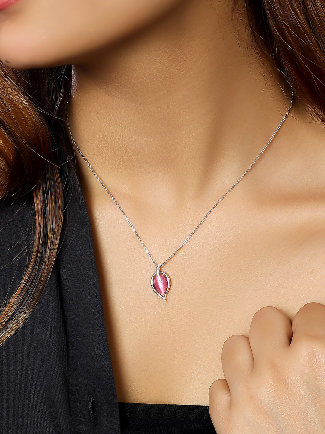 Tweov Jewels 925 Sterling Silver Pink Leaf Chain Necklace