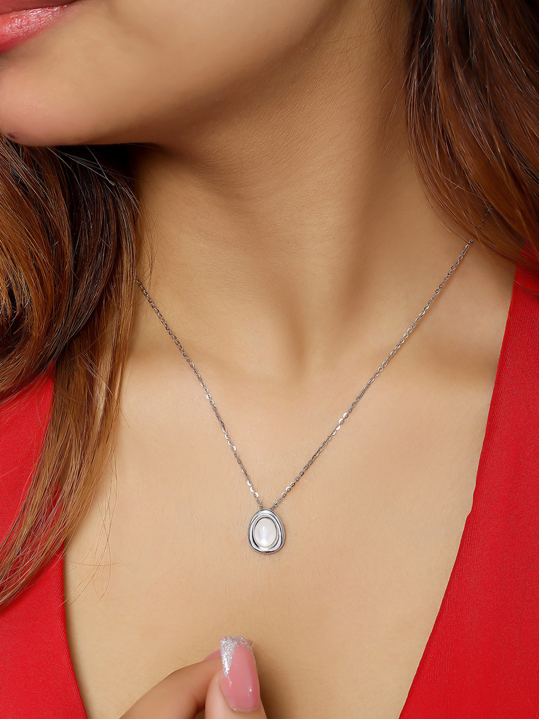 Tweov Jewels Silver-Plated Opal Stone Studded Contemporary Pendants With Chains