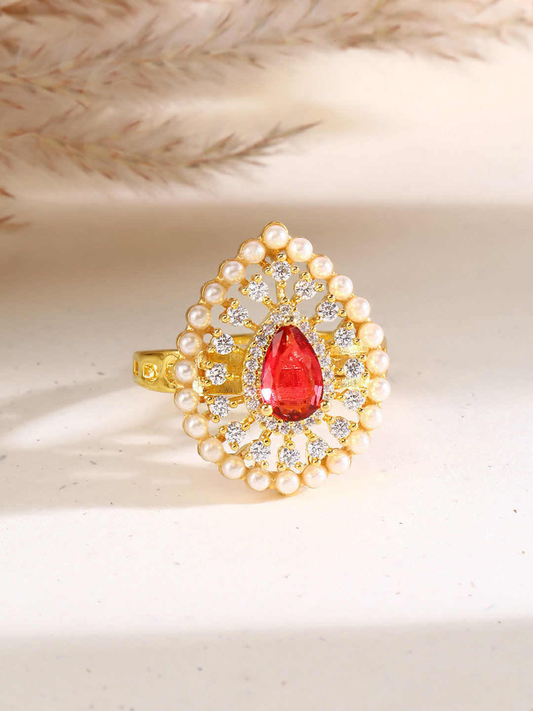 Peora Gold-Plated Teardrop Cubic Zirconia Finger Ring