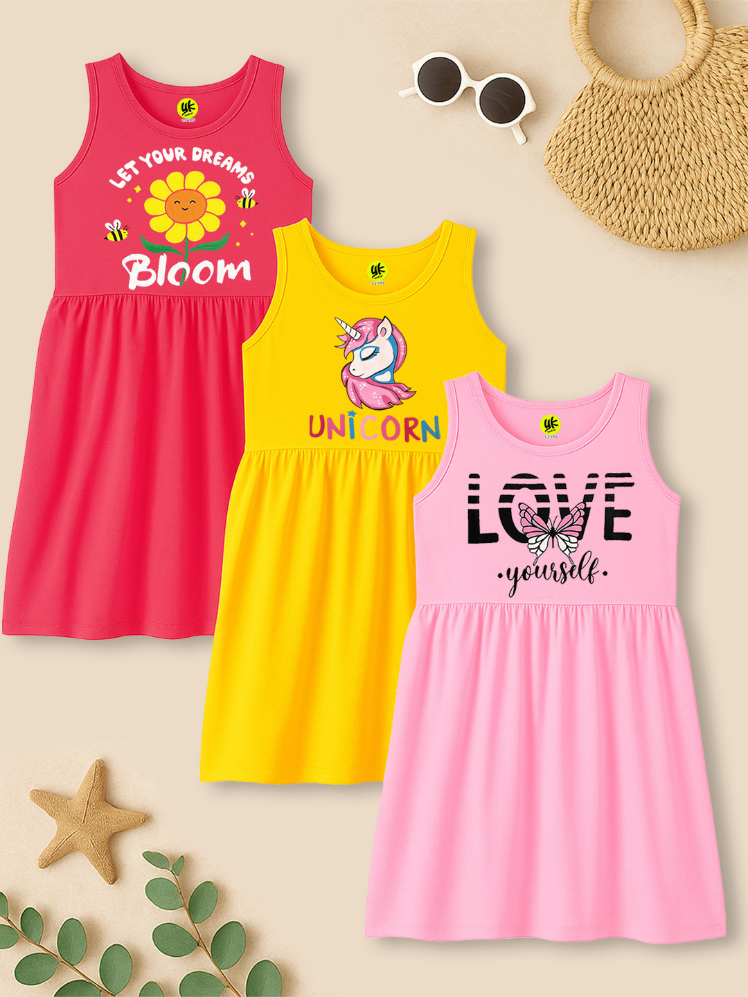YK Girls Pack of 3 Printed Fit & Flare Dress