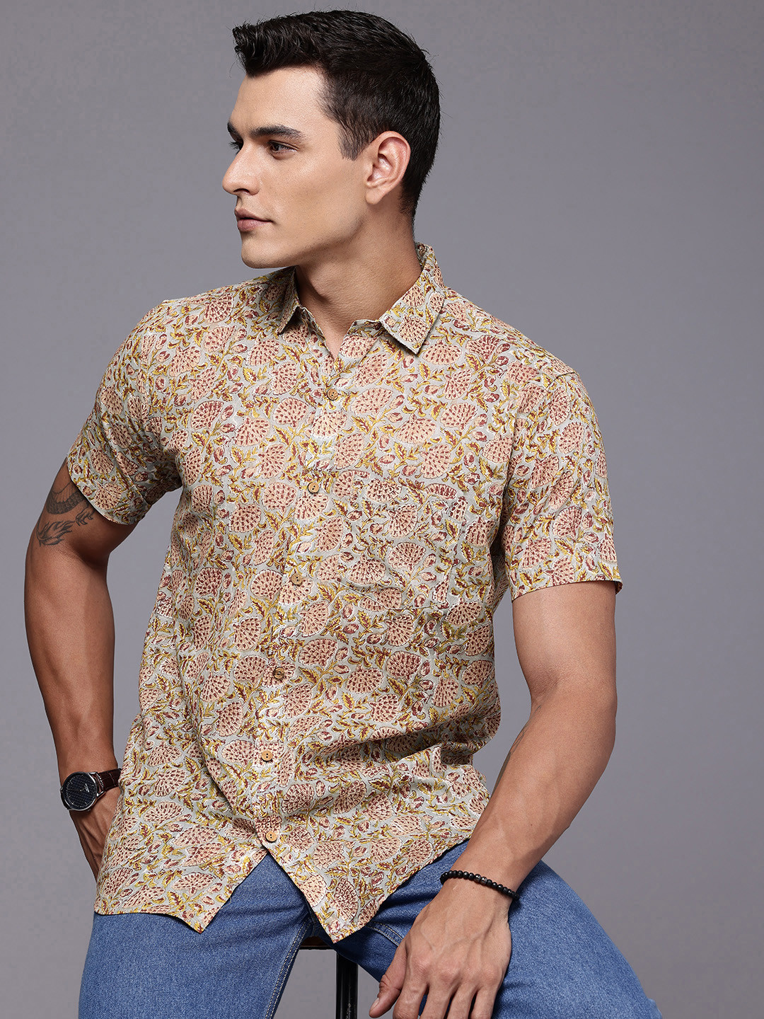 Patrah Pure Cotton Relaxed Fit Vintage Floral Printed Casual Shirt