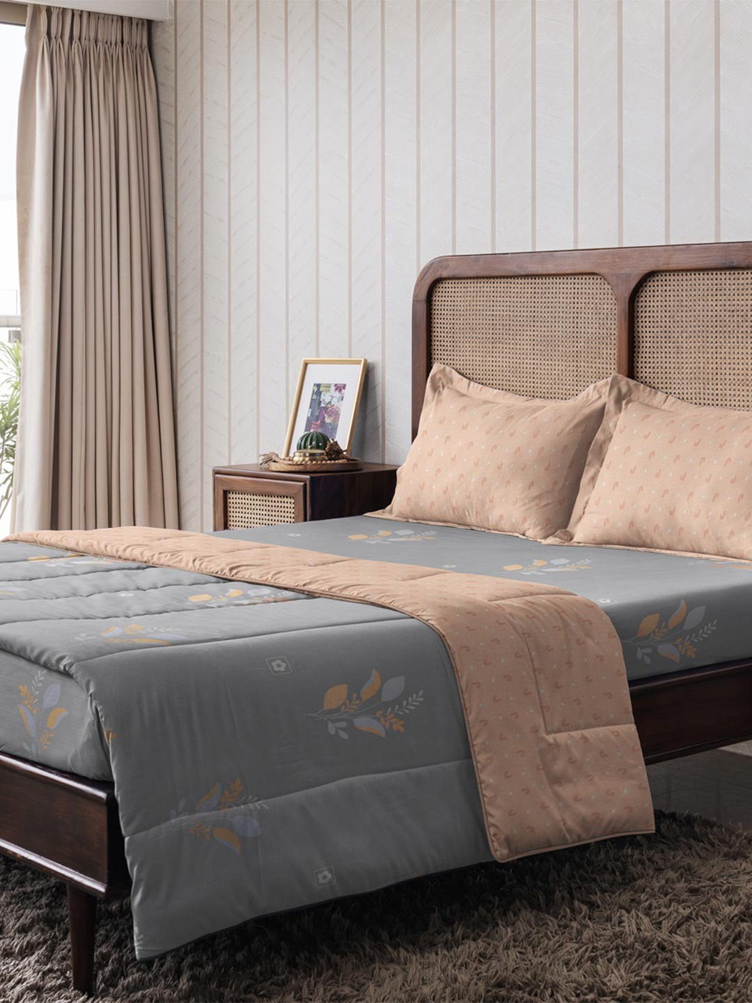 The Happy Pod Grey & Coral Floral Microfiber Queen Bedding Set