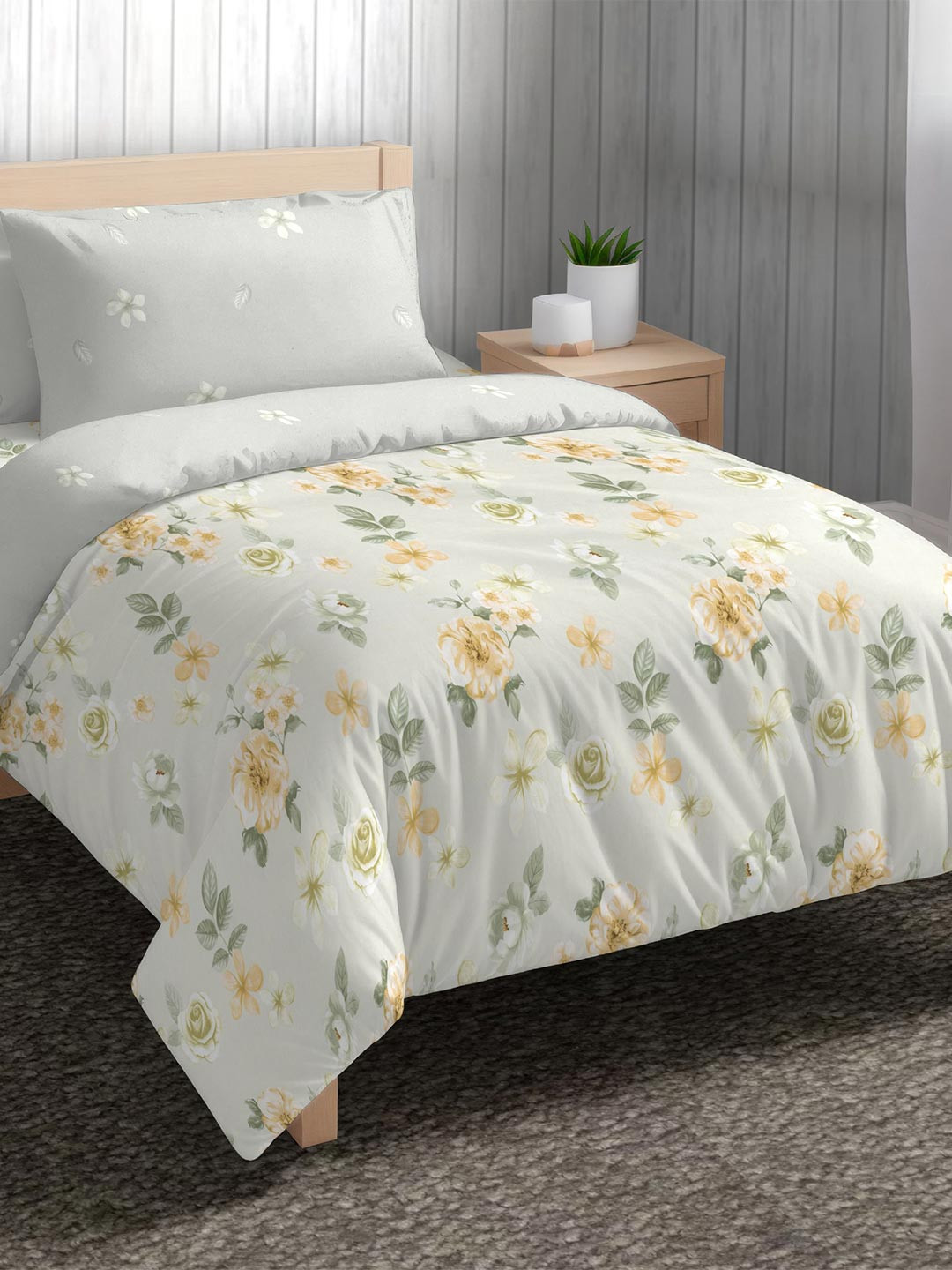 The Happy Pod Off White & Yellow Floral Microfiber Single Bedding Set