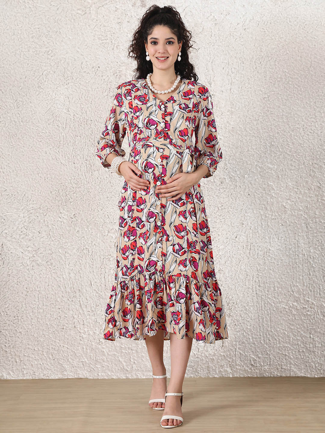 Secret Wish Floral Rayon Maternity Fit & Flared Midi Dress