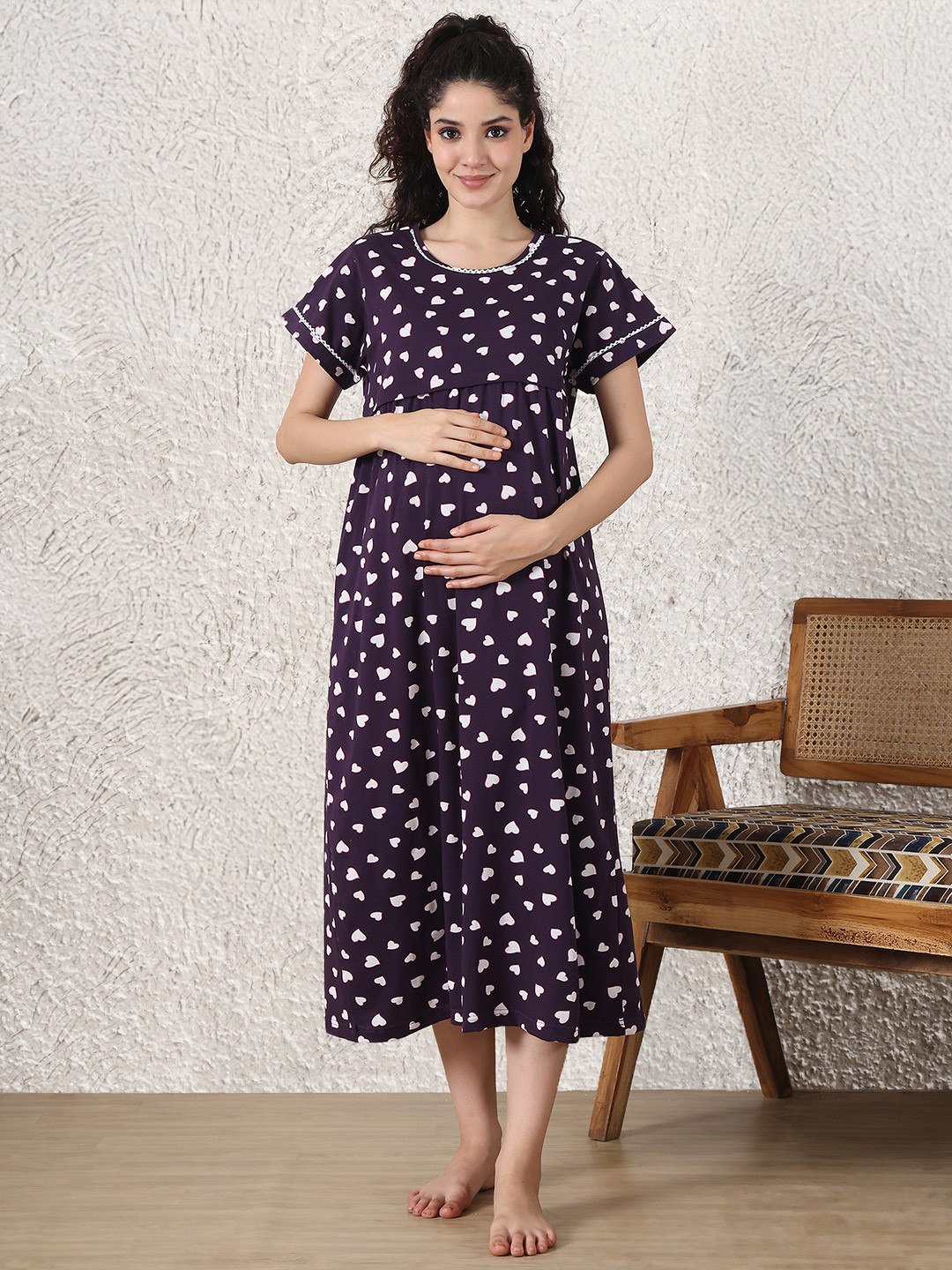 Secret Wish Heart Print Hosiery Maternity Nighty