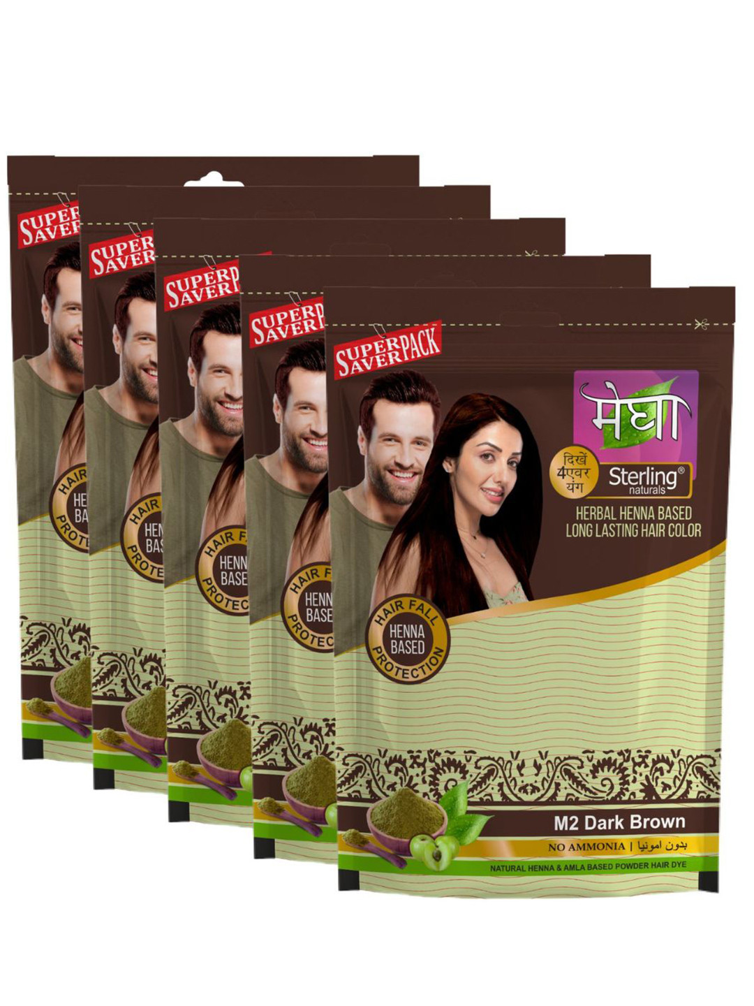 Sterling Naturals Women Hair Colour Dark Brown Henna Pack of 5 Megha Ammonia Free 45g Each