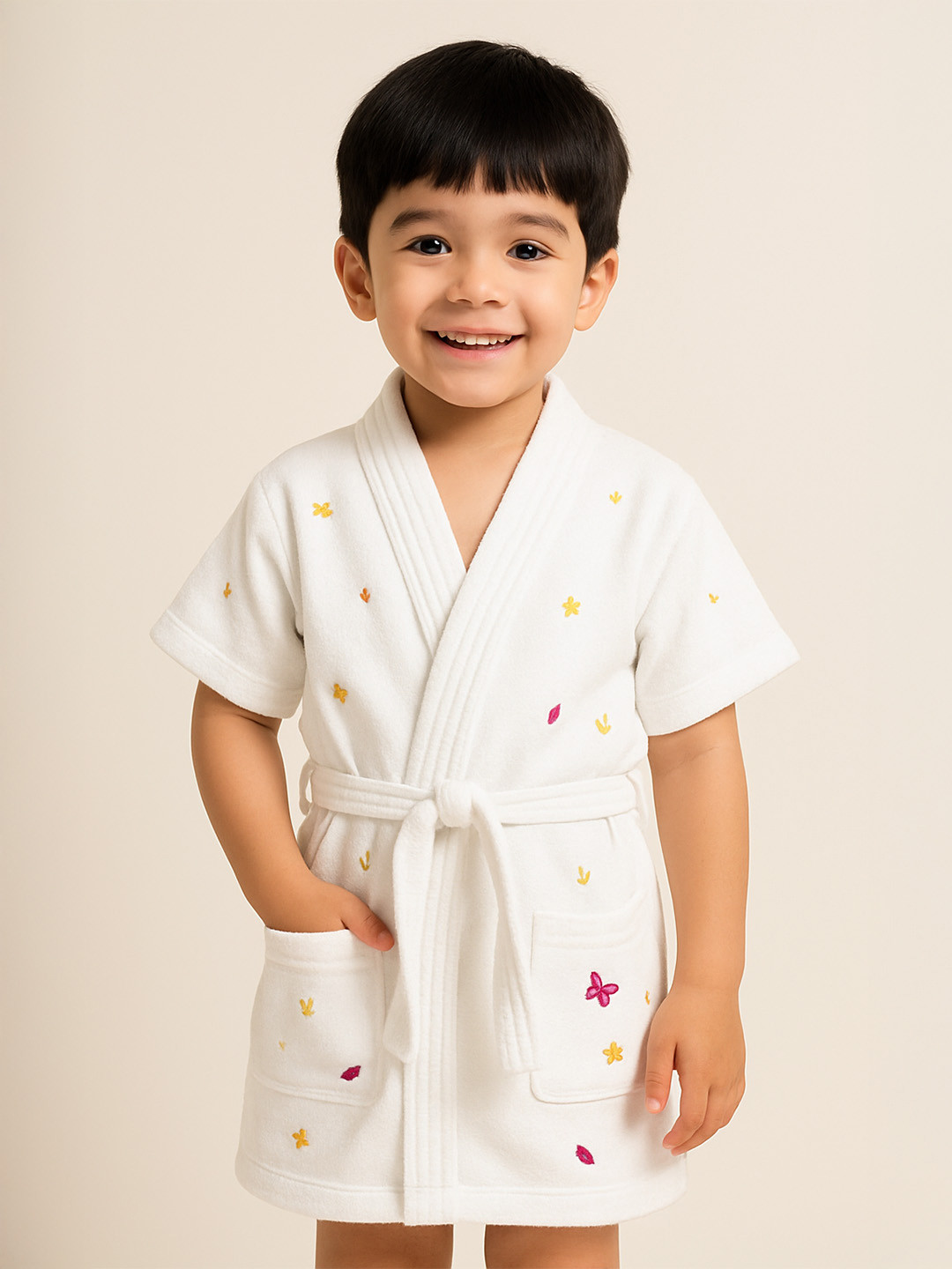 GAB White Conversational Cotton Drawstring Mini Bath Robe-3-4Y