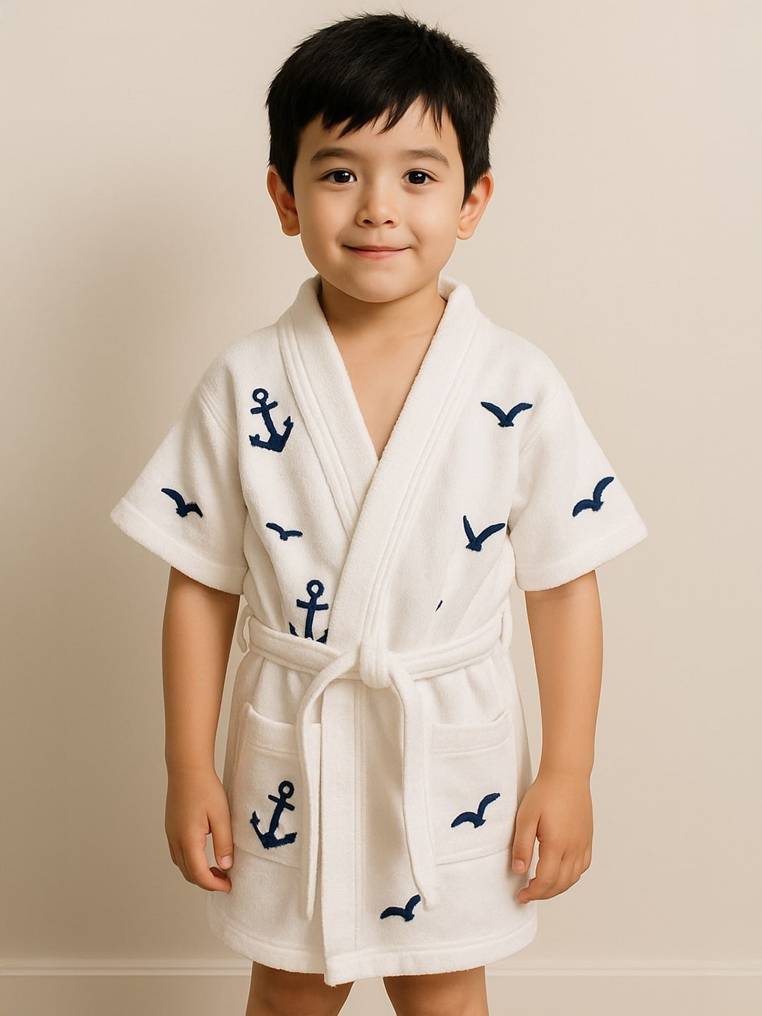 GAB White Conversational Cotton Drawstring Mini Bath Robe