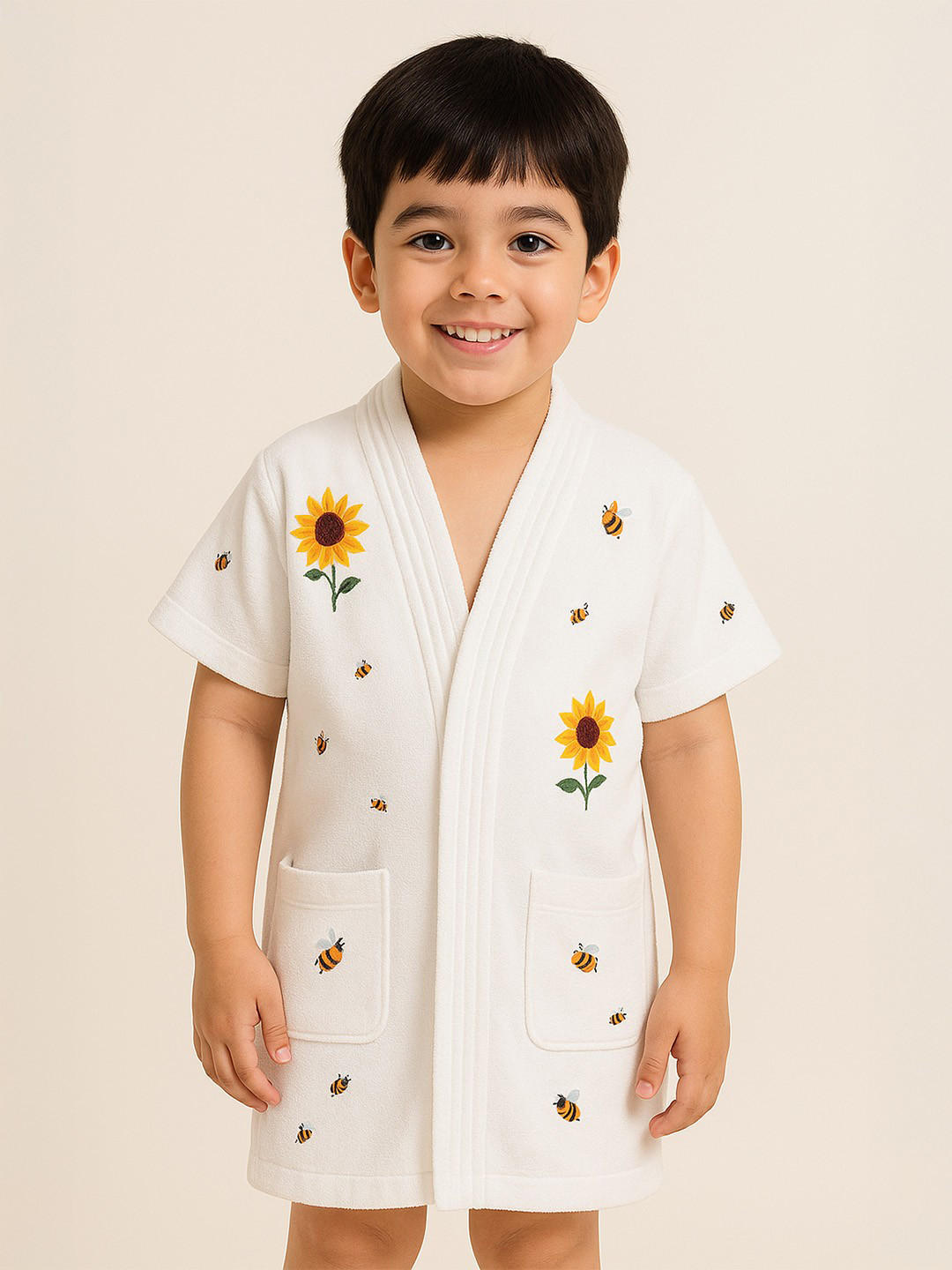 GAB White Floral Cotton Button Mini Bath Robe-3-4Y