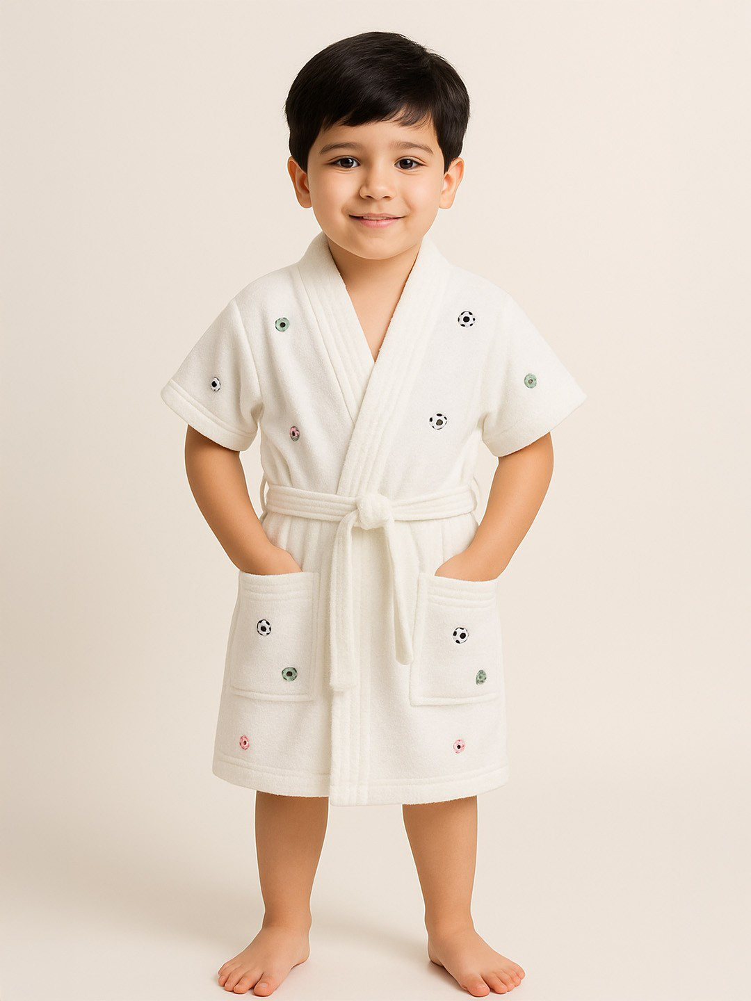 GAB White Conversational Cotton Drawstring Knee Length Bath Robe