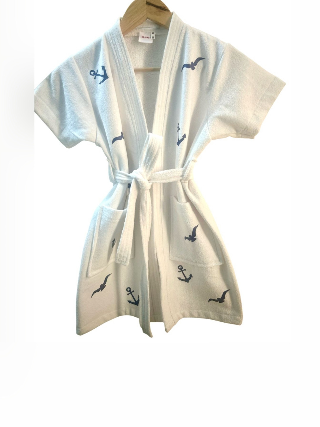 GAB White Conversational Cotton Drawstring Knee Length Bath Robe