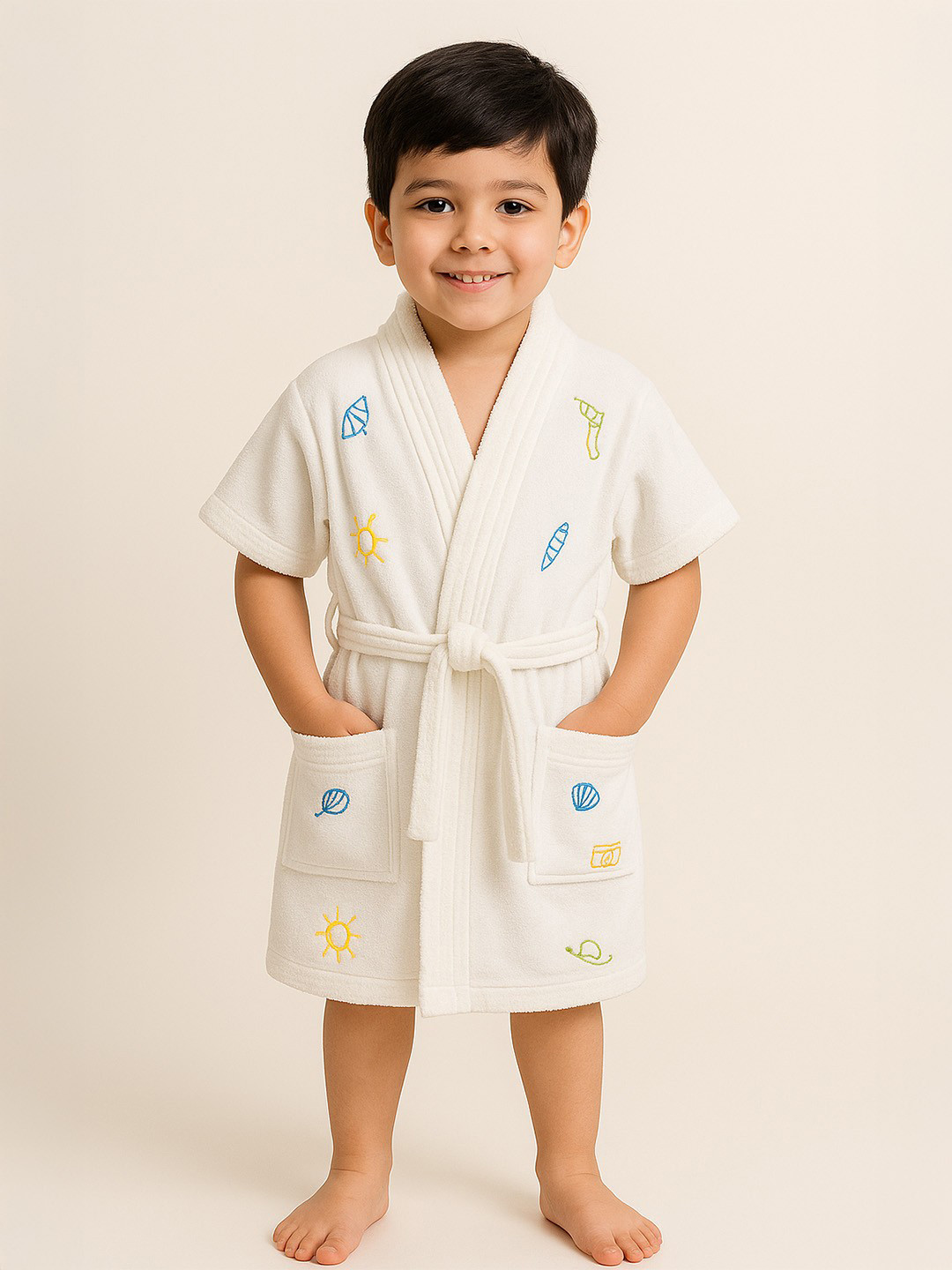 GAB White Conversational Cotton Drawstring Mini Bath Robe-5-6Y