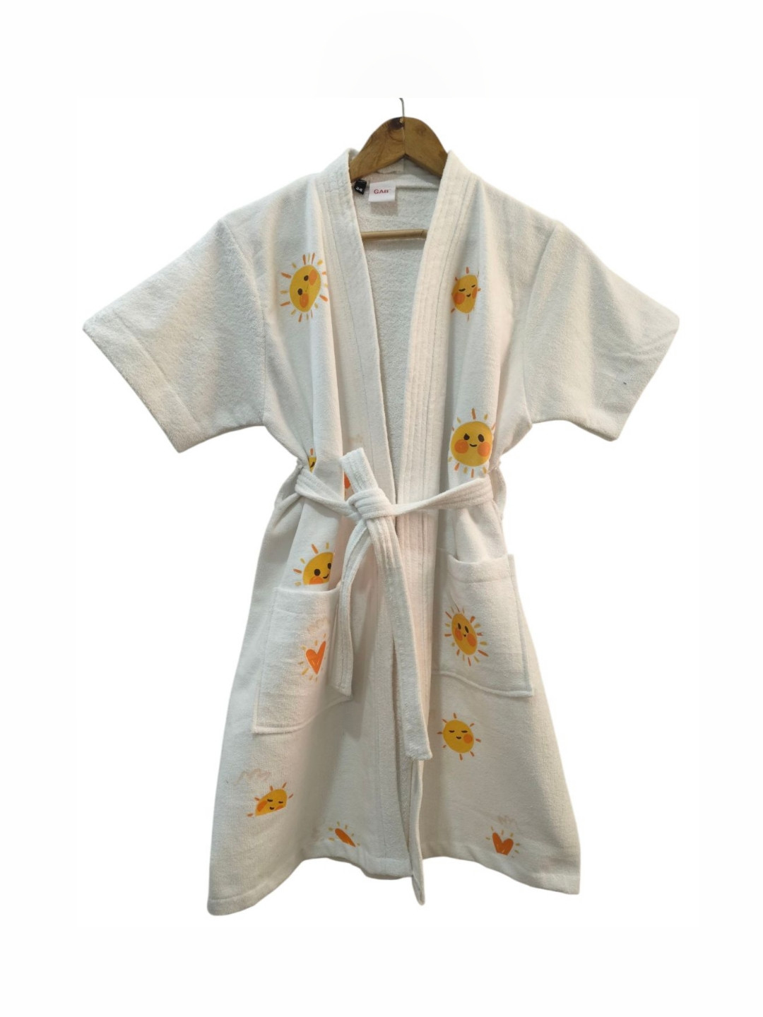 GAB White Conversational Cotton Drawstring Knee Length Bath Robe-7-8Y