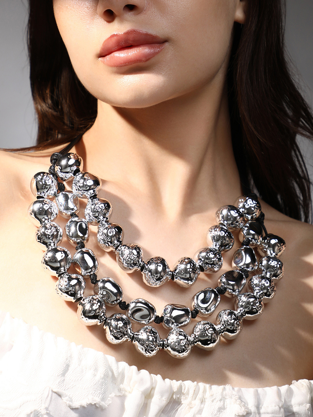 SOHI Silver-Plated Artificial Beadd The Grain Multi-Layer Necklace