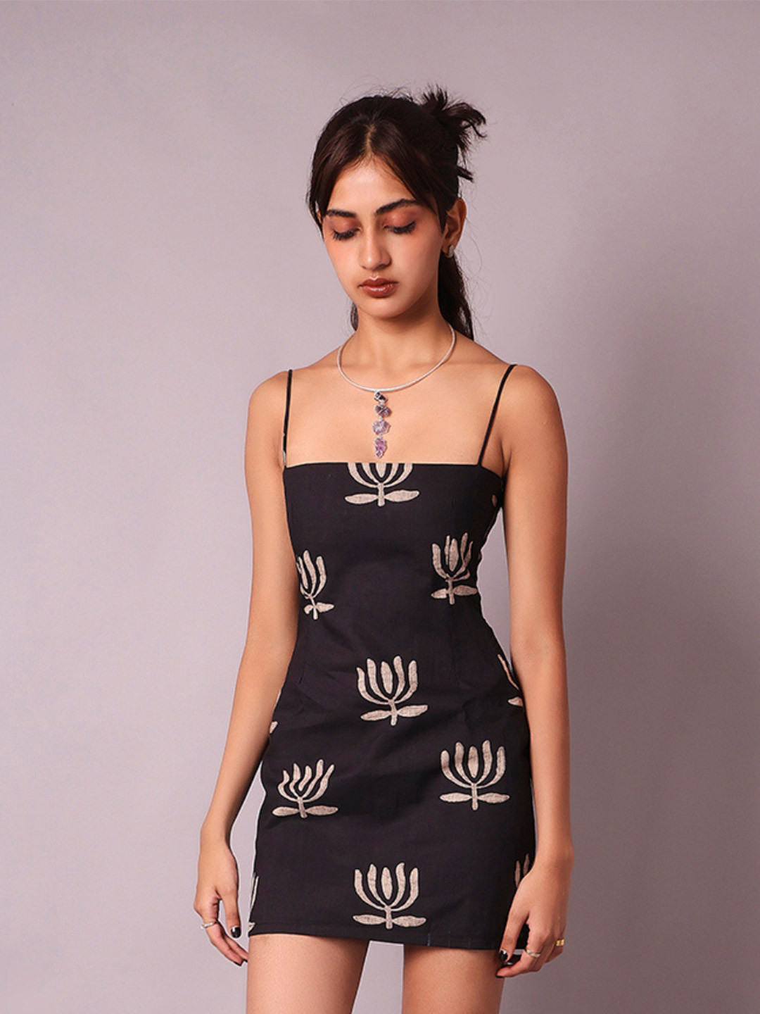 NISHORAMA Printed Shoulder Straps Neck Bodycon Mini Slim Fit Dress