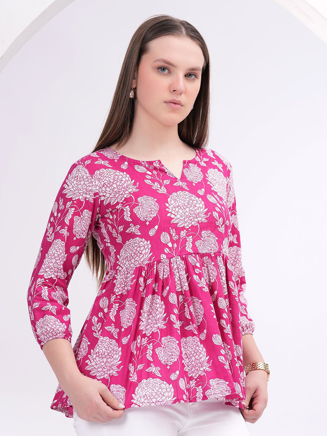 Zenava by Myntra Women Floral Print Puff Sleeve Cotton Empire Top
