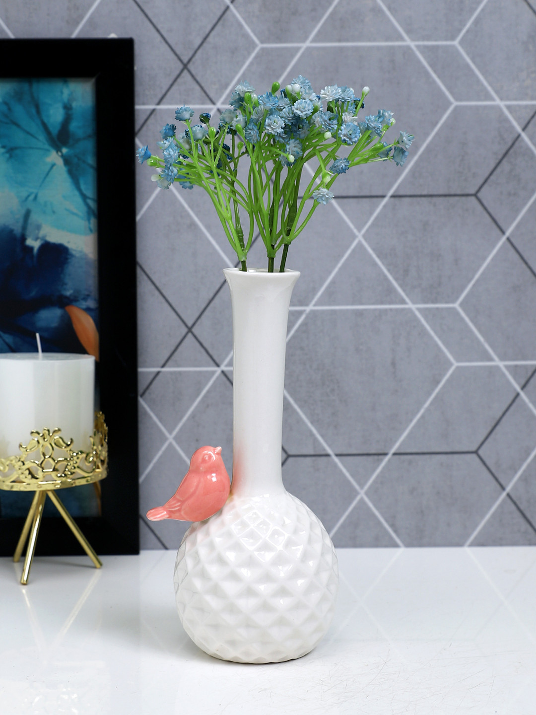 TAYHAA White & Peach-Colored Textured Ceramic Flower Vase