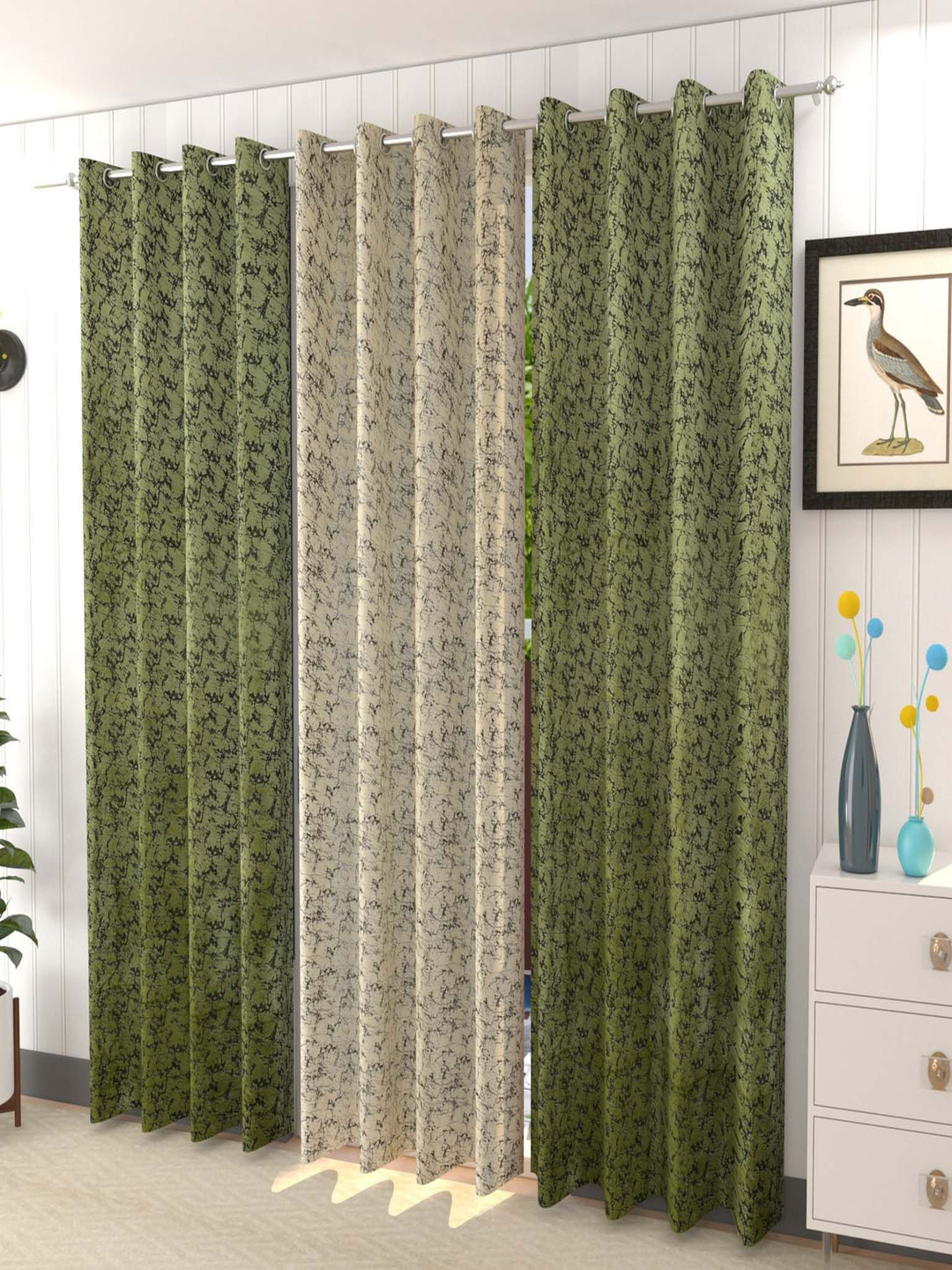 Galaxy Home Decor Green and White 3 Pieces Abstract Printed Velvet Door Curtains