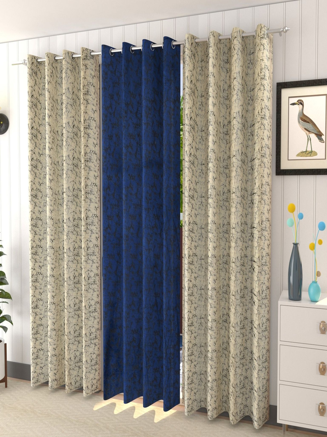 Galaxy Home Decor Cream Coloured & Blue 3 Pieces Room Velvet Darkening Door Curtains