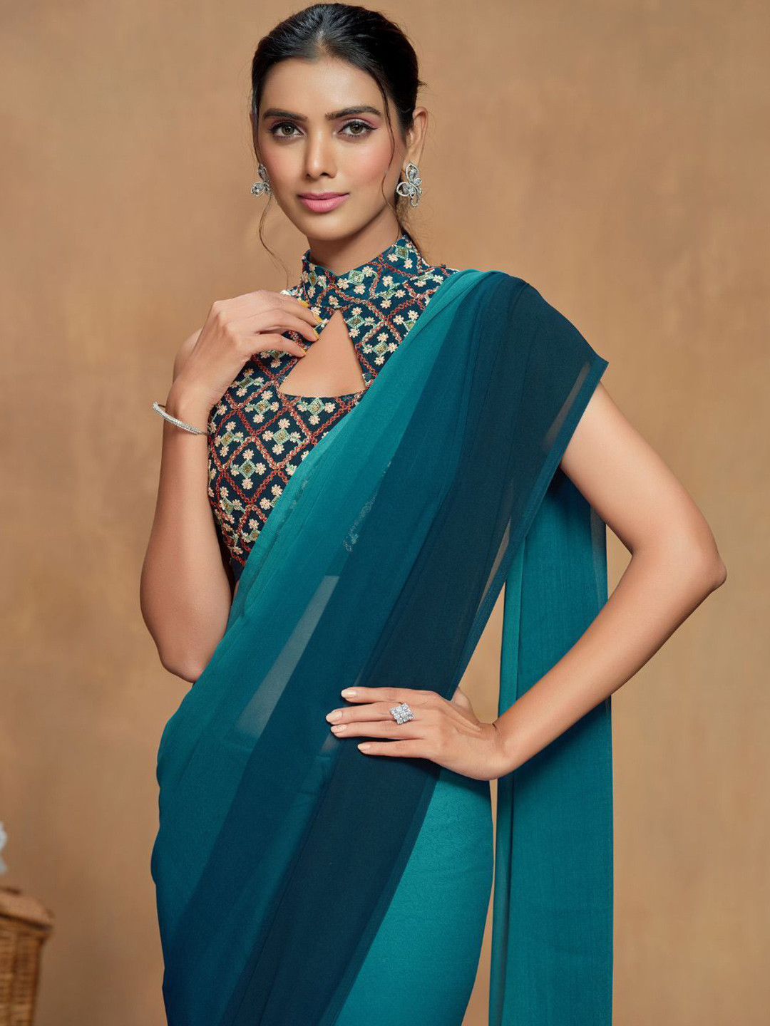 Sangria Bollywood Tie-Dye Ready To Wear Saree With Blouse Piece