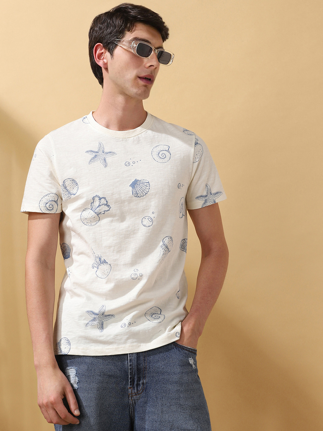 Dennis Lingo Men's Printed Round Neck Half Sleeves Cotton Slub T-shirt