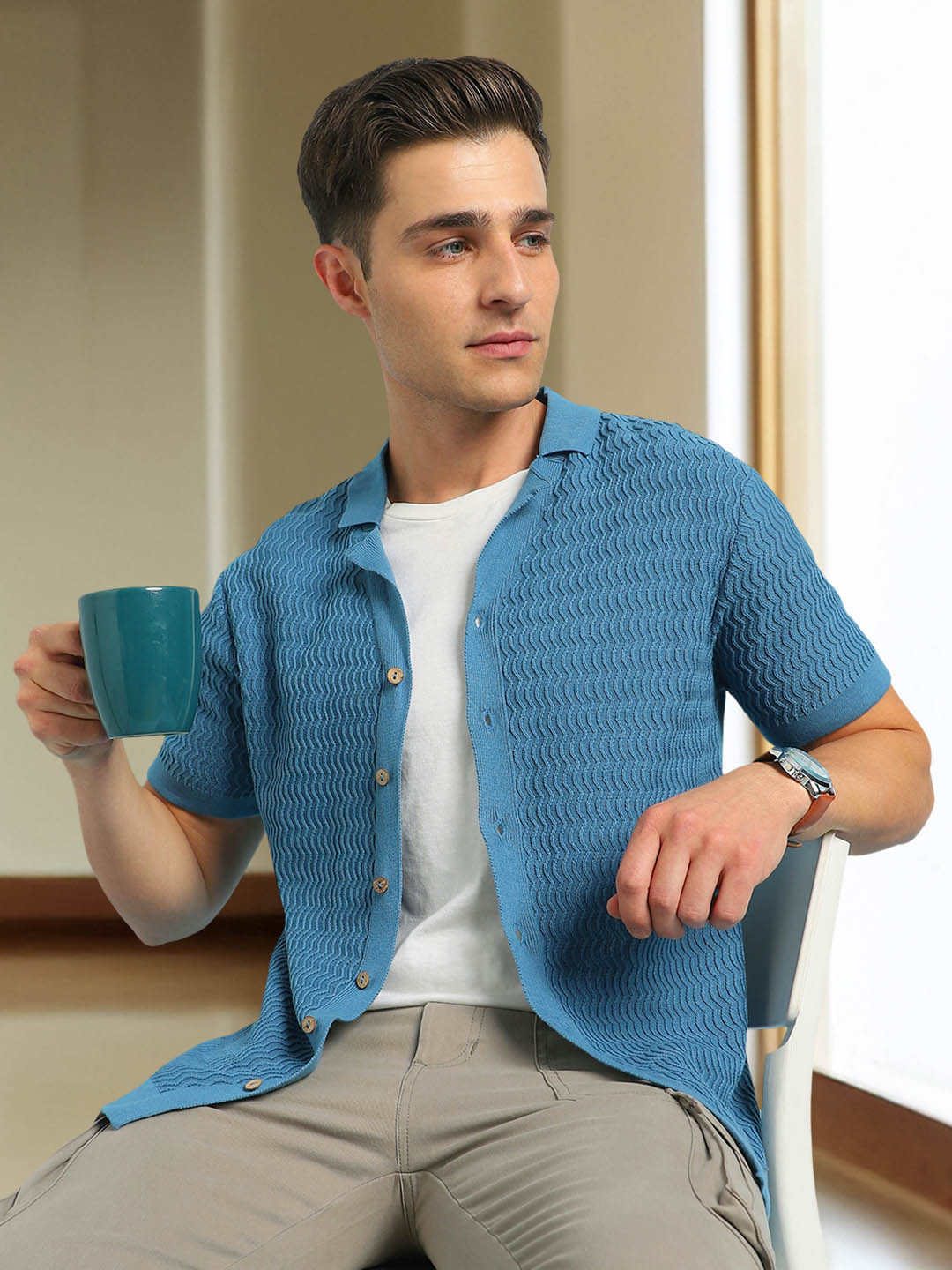 Dennis Lingo Men Cuban Collar Half Sleeves Flat Knit Shirt