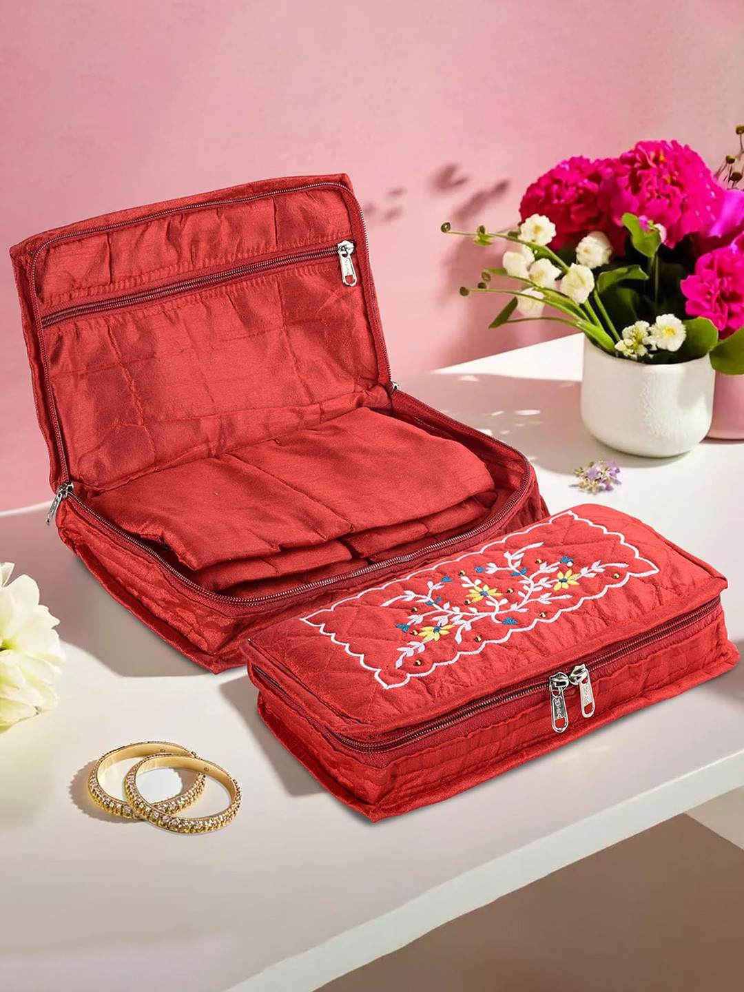 Aura Red and White 2 Pieces Embroidered 7-Compartments Jewellery Organisers