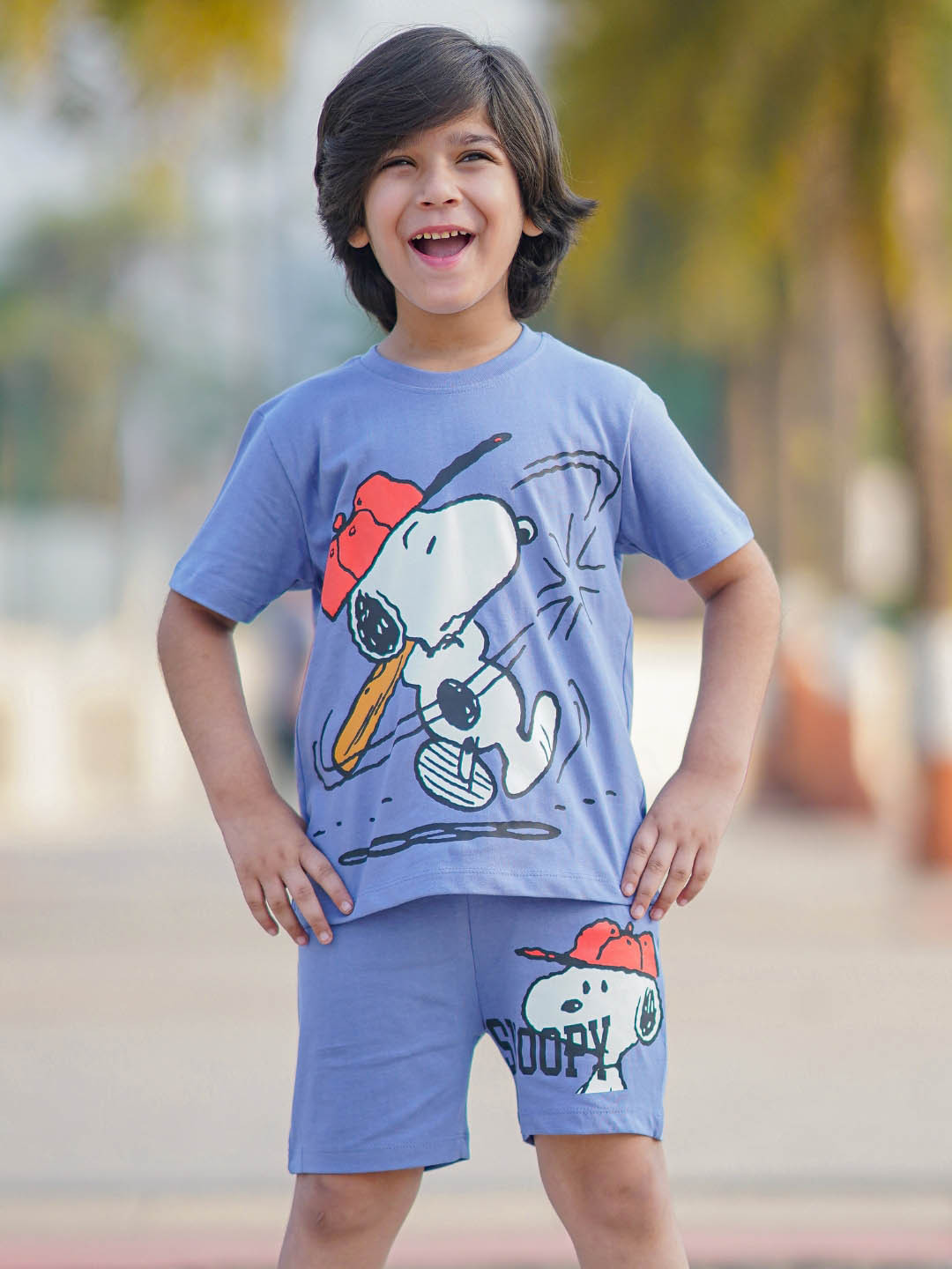 Nap Chief Kids Unisex Peanuts Snoopy Baseball Printed Pure Cotton T-shirt With Shorts