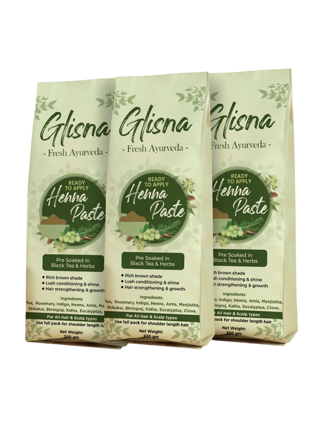 GLISNA Set Of 3 Ready To Apply Heena Paste Hair Color- 220 g Each