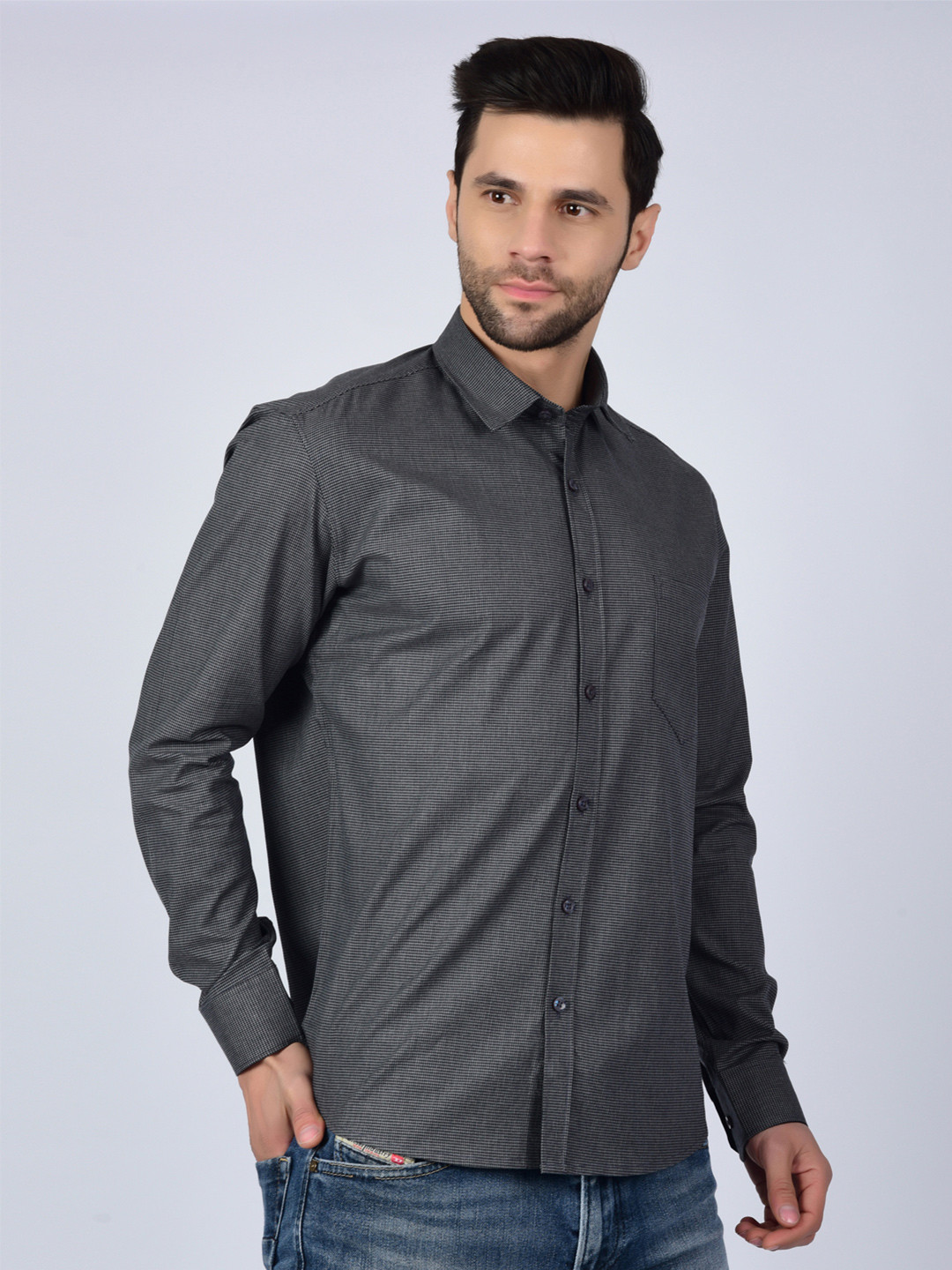 Heed Attentive Men Grey Check Cotton Casual Shirt