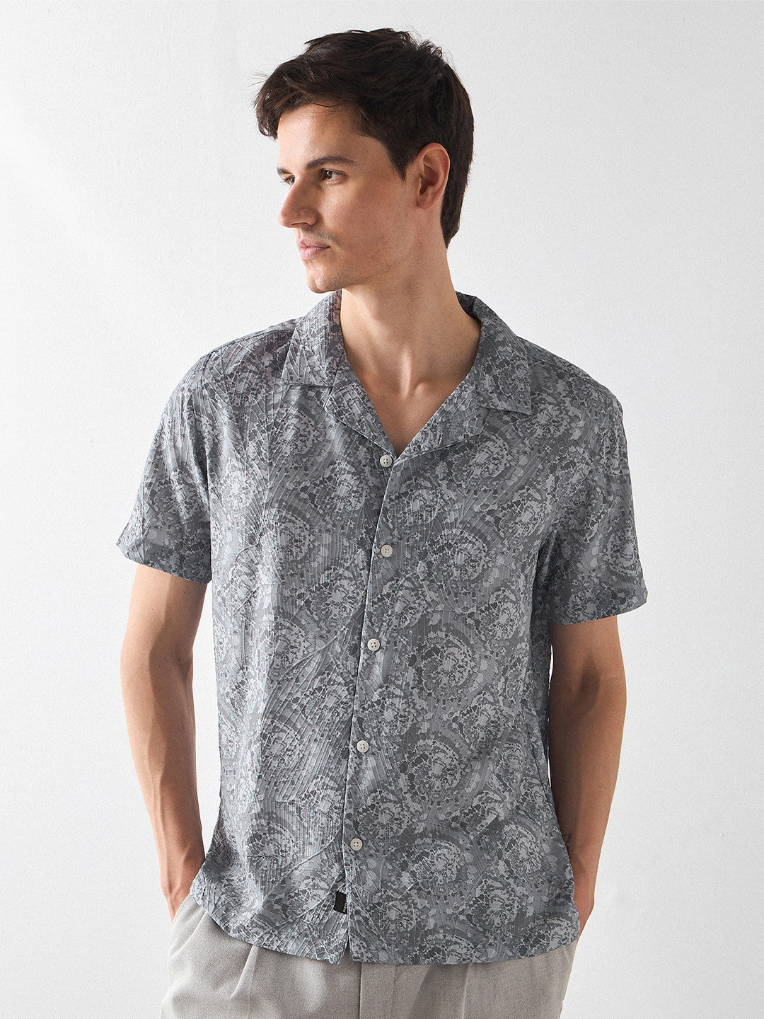 Red Flame Men Cuban Collar Floral Printed Casual Shirt