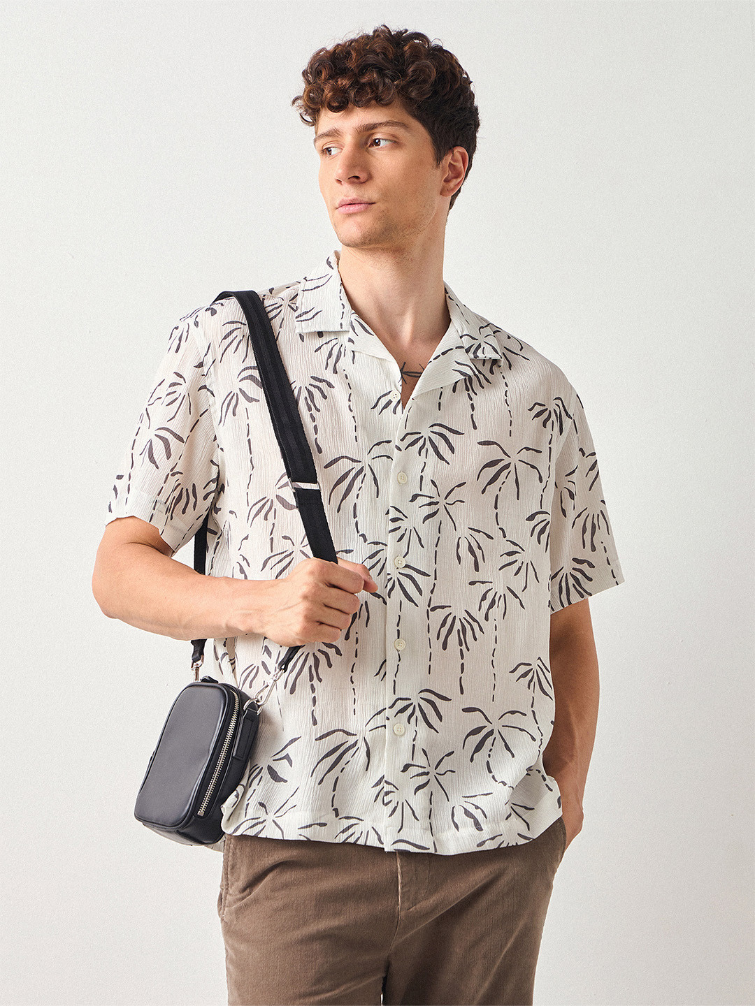 Red Flame Men Cuban Collar Floral Printed Casual Shirt