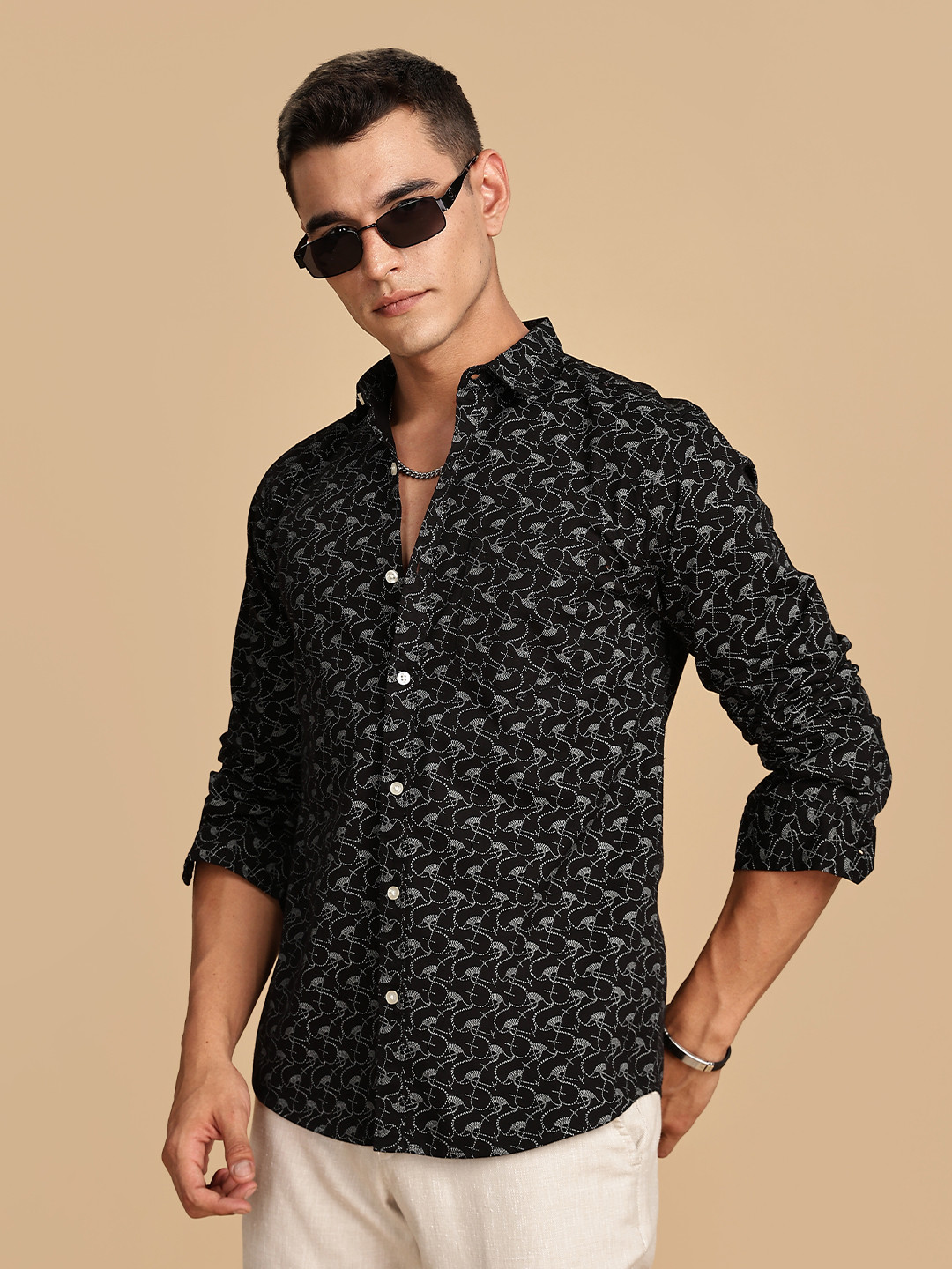 Guns & Sons Men Premium Regular Fit Spread Collar Abstract Printed Cotton Casual Shirt