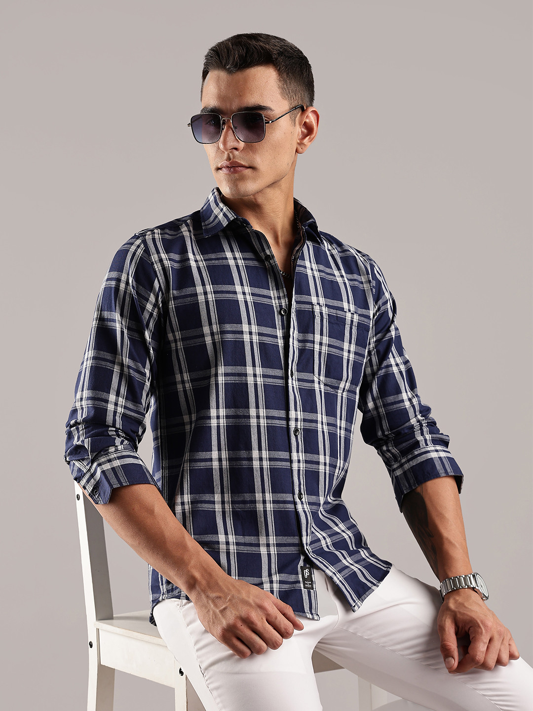 Guns & Sons Men Sport Regular Fit Spread Collar Tartan Checked Cotton Casual Shirt
