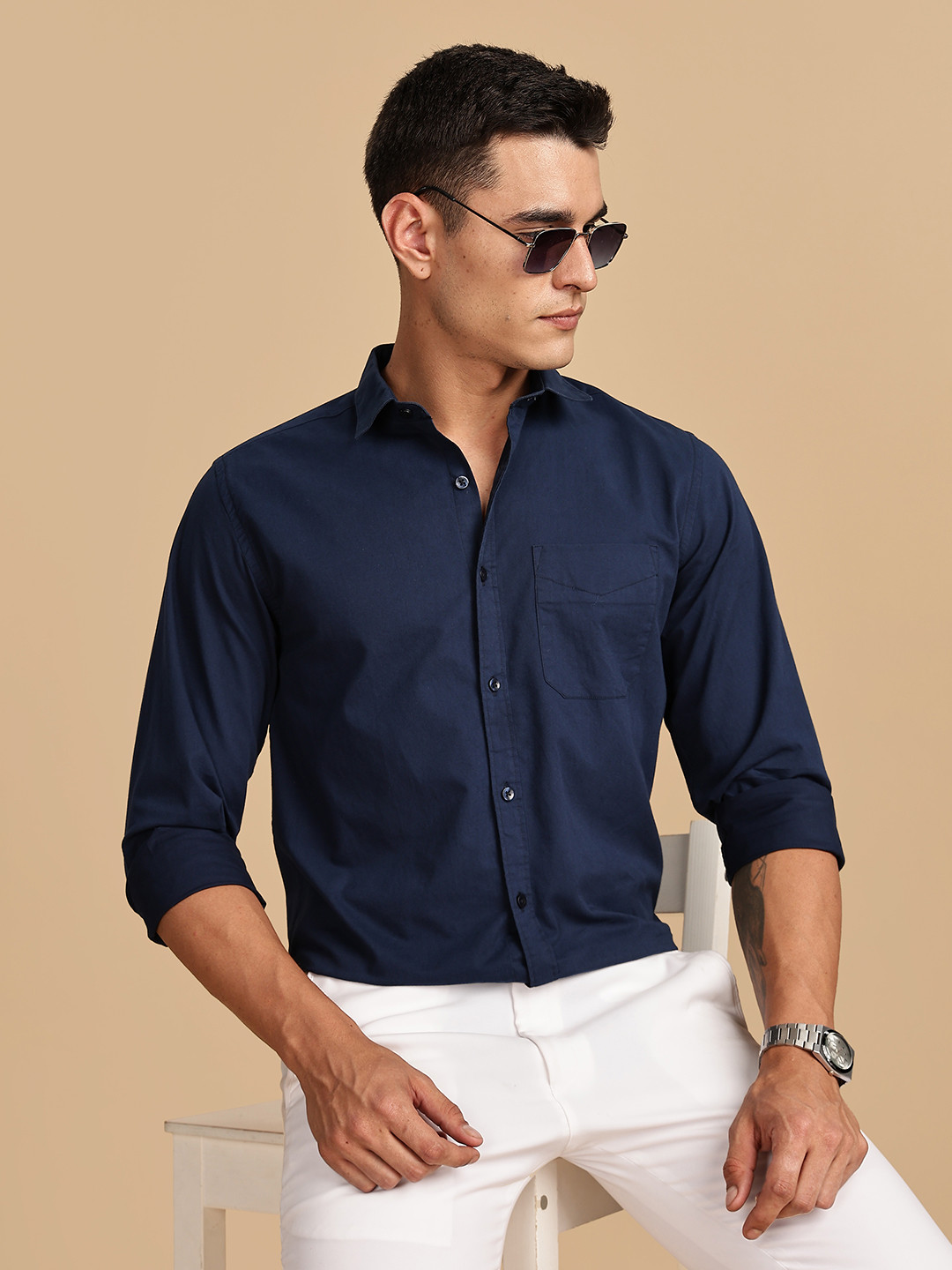 Guns & Sons Men Premium Regular Fit Spread Collar Solid Cotton Casual Shirt