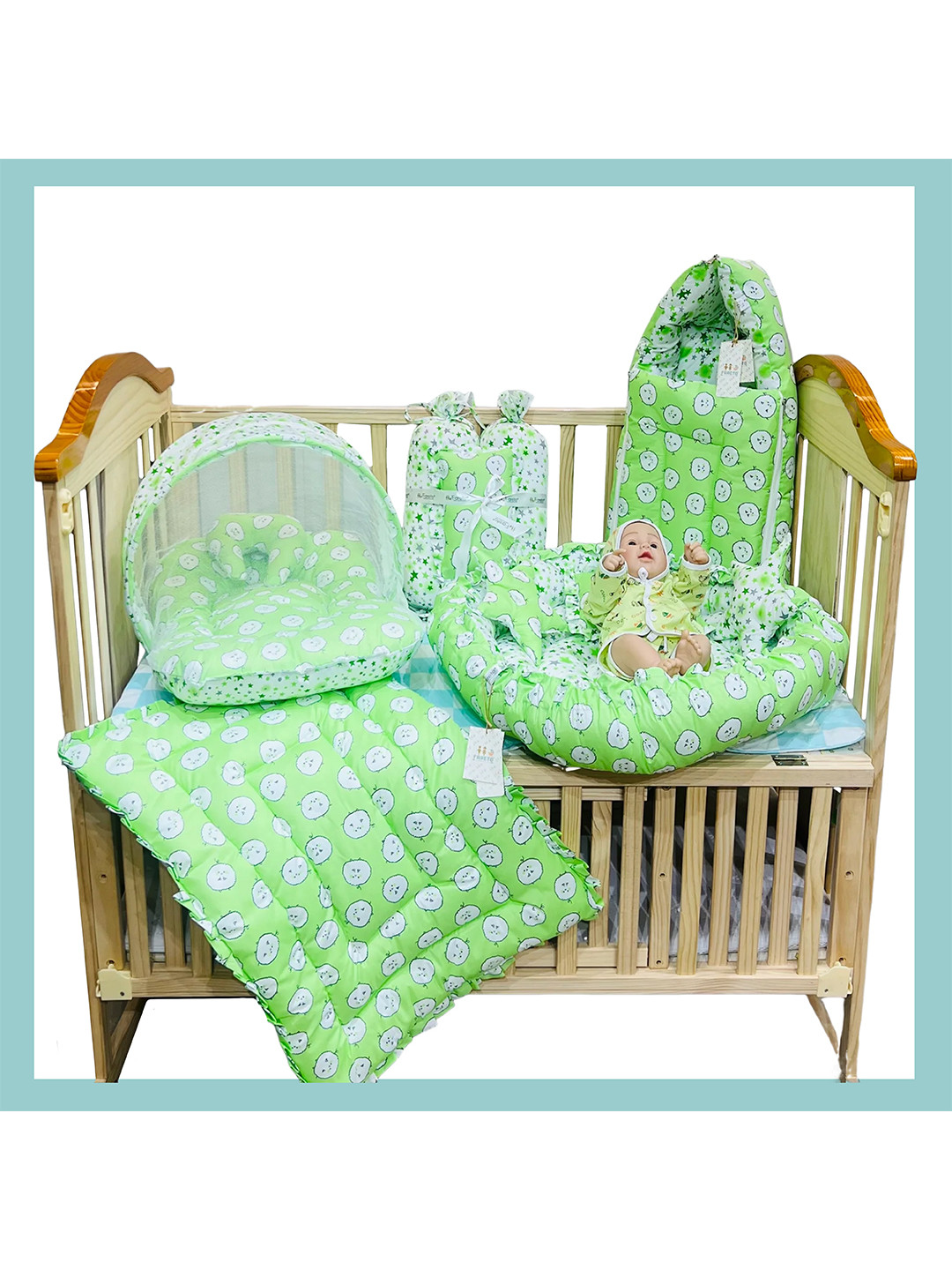 Fareto Infants Green & White Printed Cotton Baby Bed Set