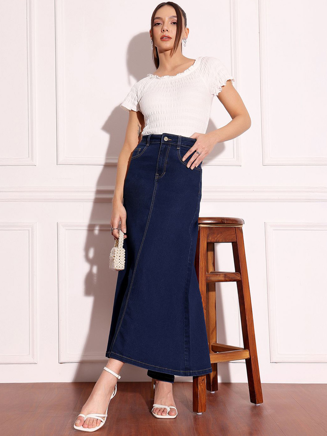 Miss Chase Women Straight Midi Denim Skirt