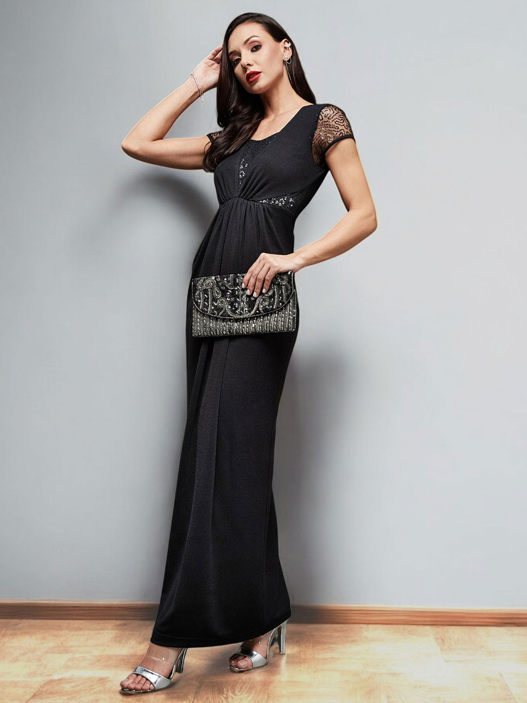 Black Solid Embellished Short Sleeves Maxi Dress