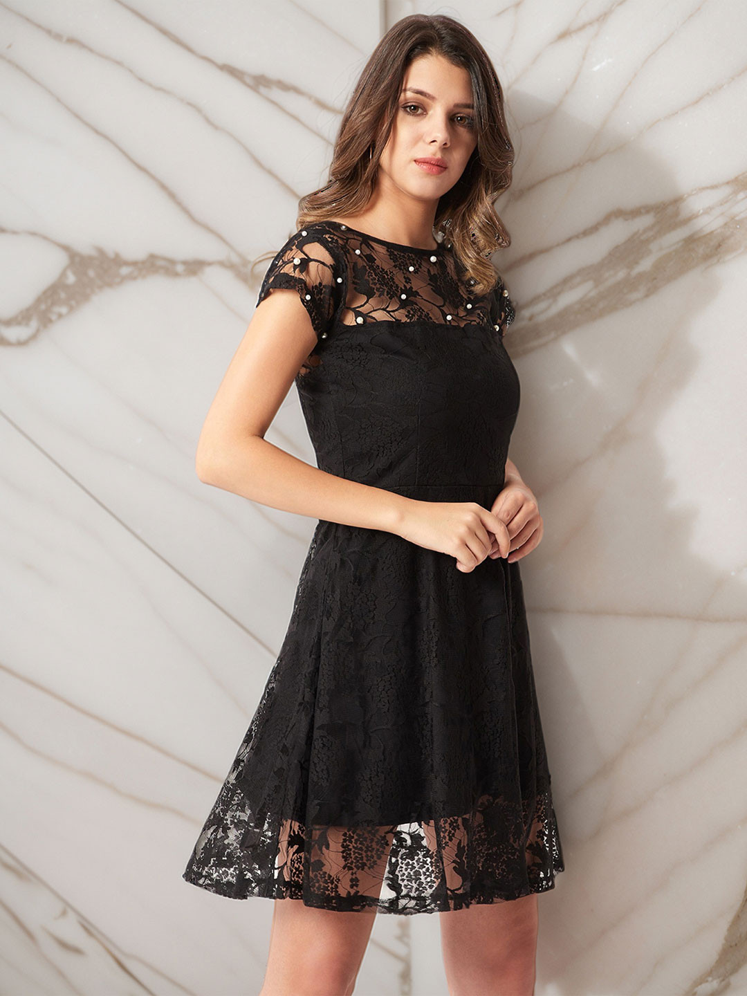 Black Lace Floral Fit & Flare Midi Dress
