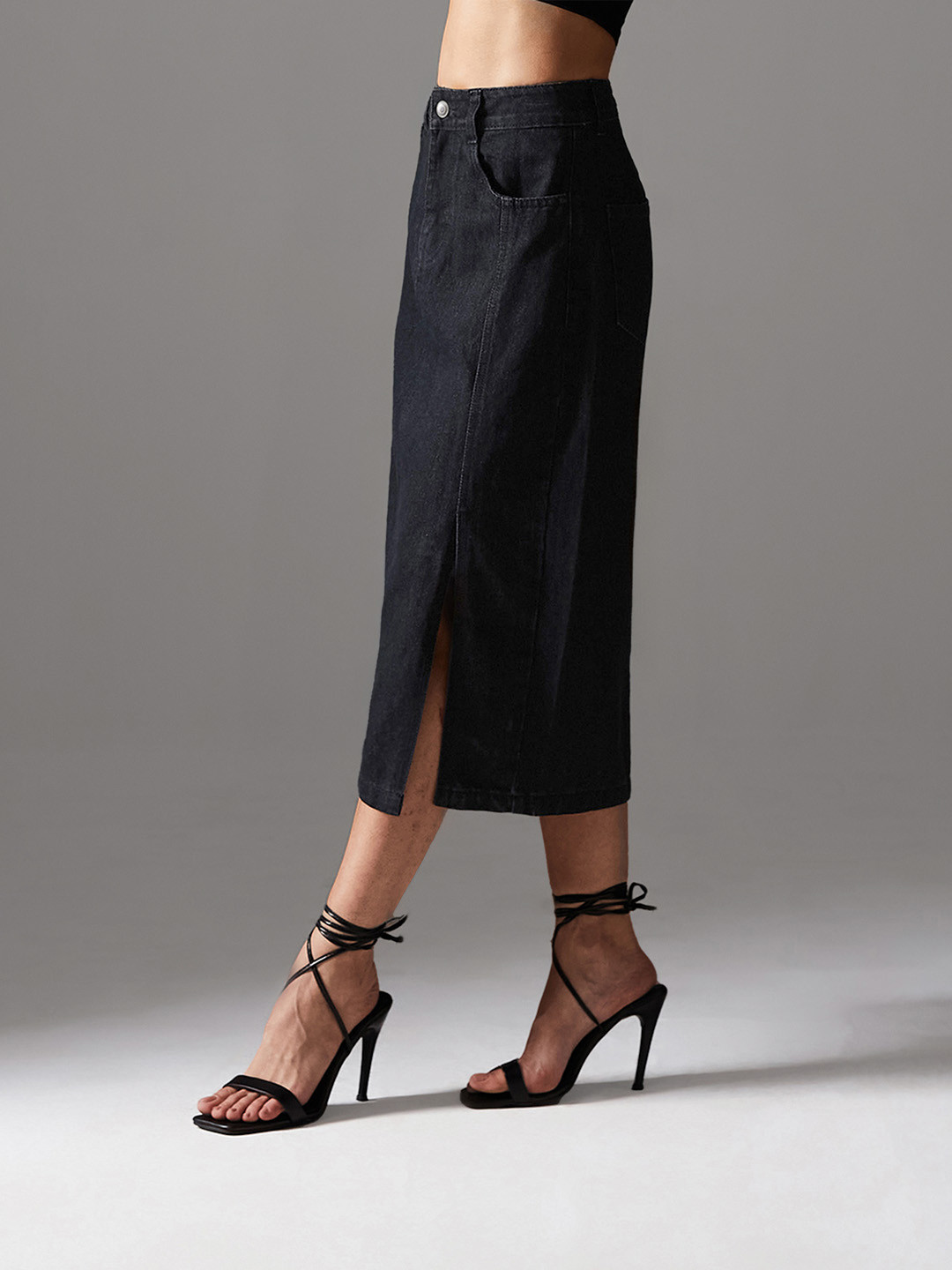 Miss Chase Women Solid Stretchable Denim Midi Straight Skirt
