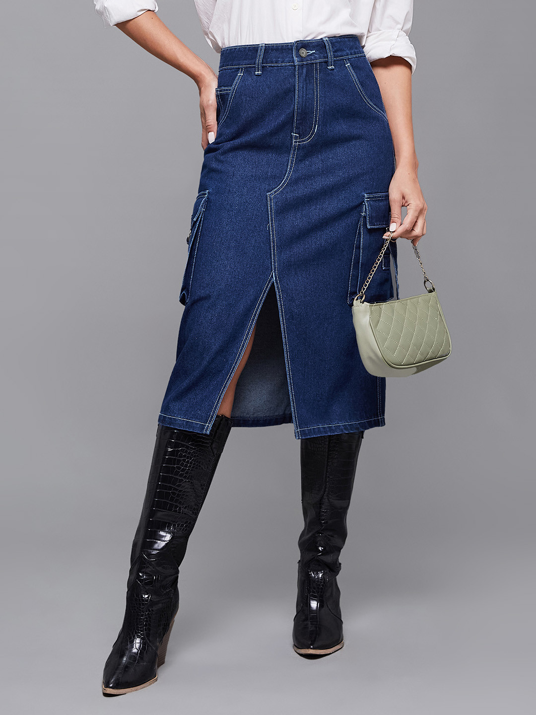 Miss Chase Women Straight Front Slit Midi A-Line Denim Skirt