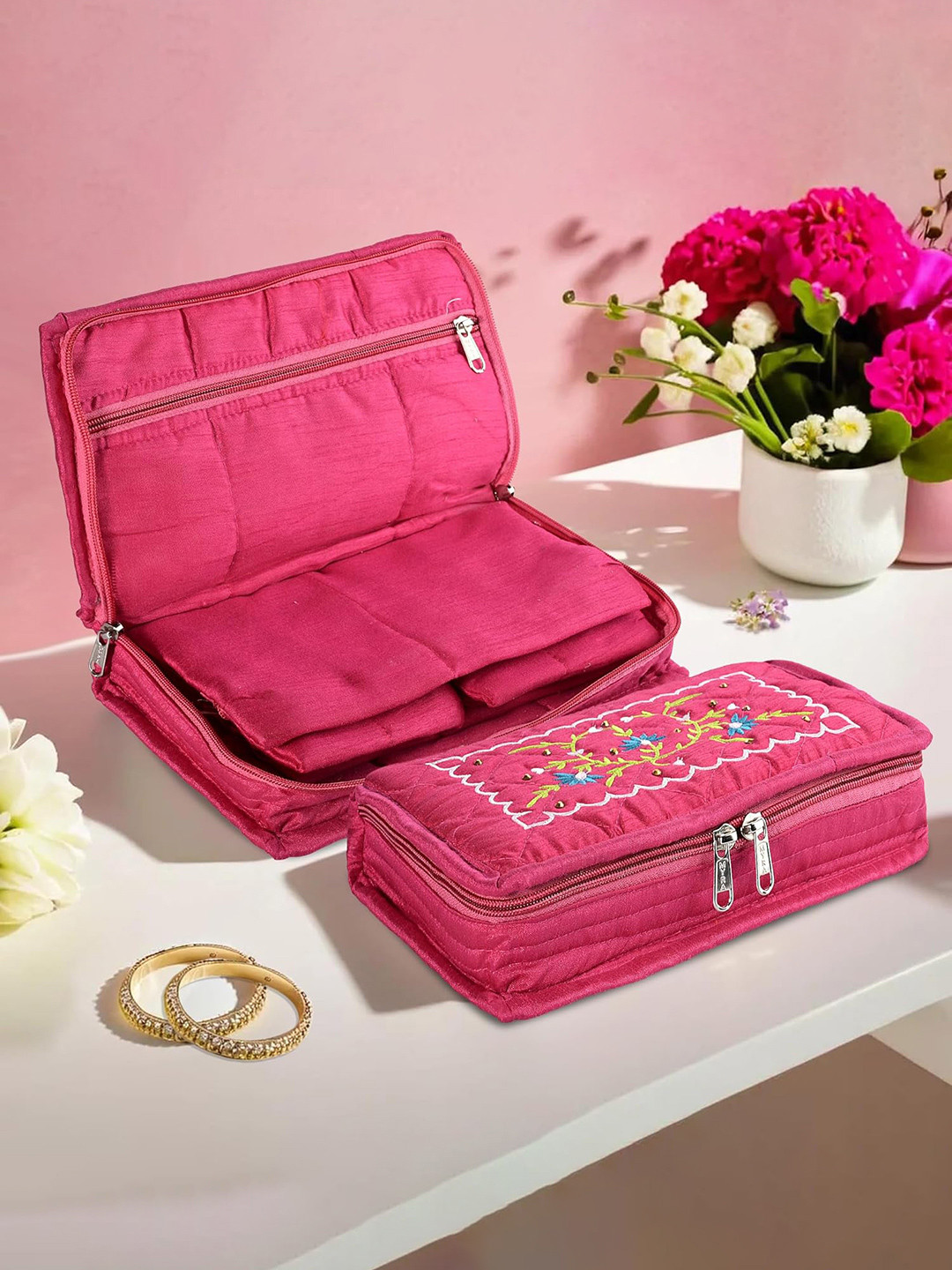Myntra Elegant Homes Pink And Yellow Embroidery Jewellery Organisers