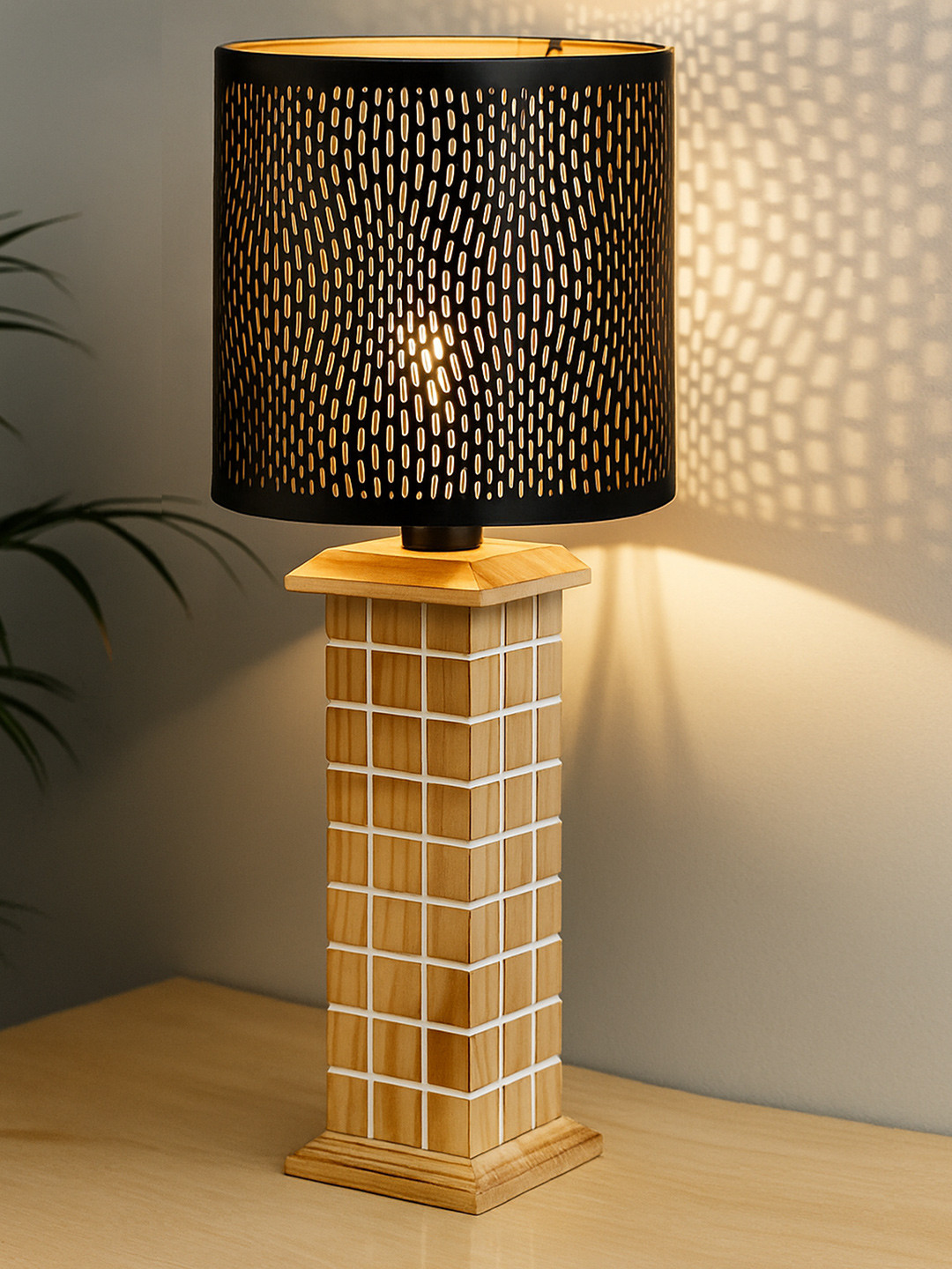 Homesake Black Textured Wood Cylindrical Shaped Table Lamp With Bulb And Shade