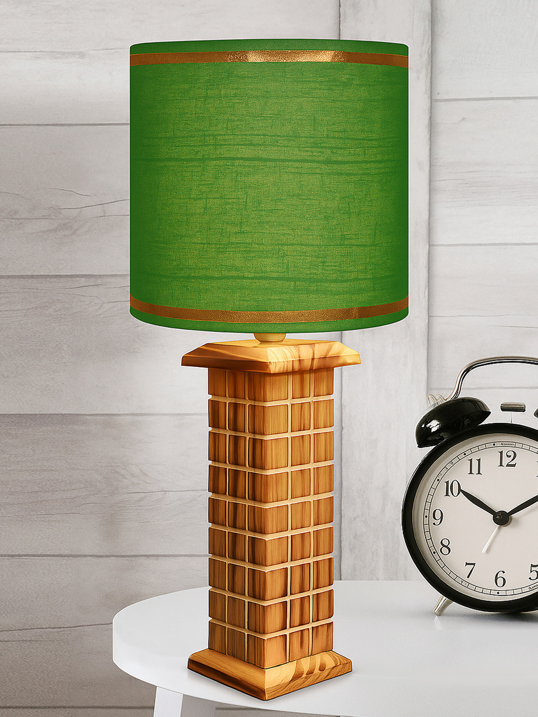 Homesake Green Textured Wood Cylindrical Shaped Table Lamp With Bulb And Shade