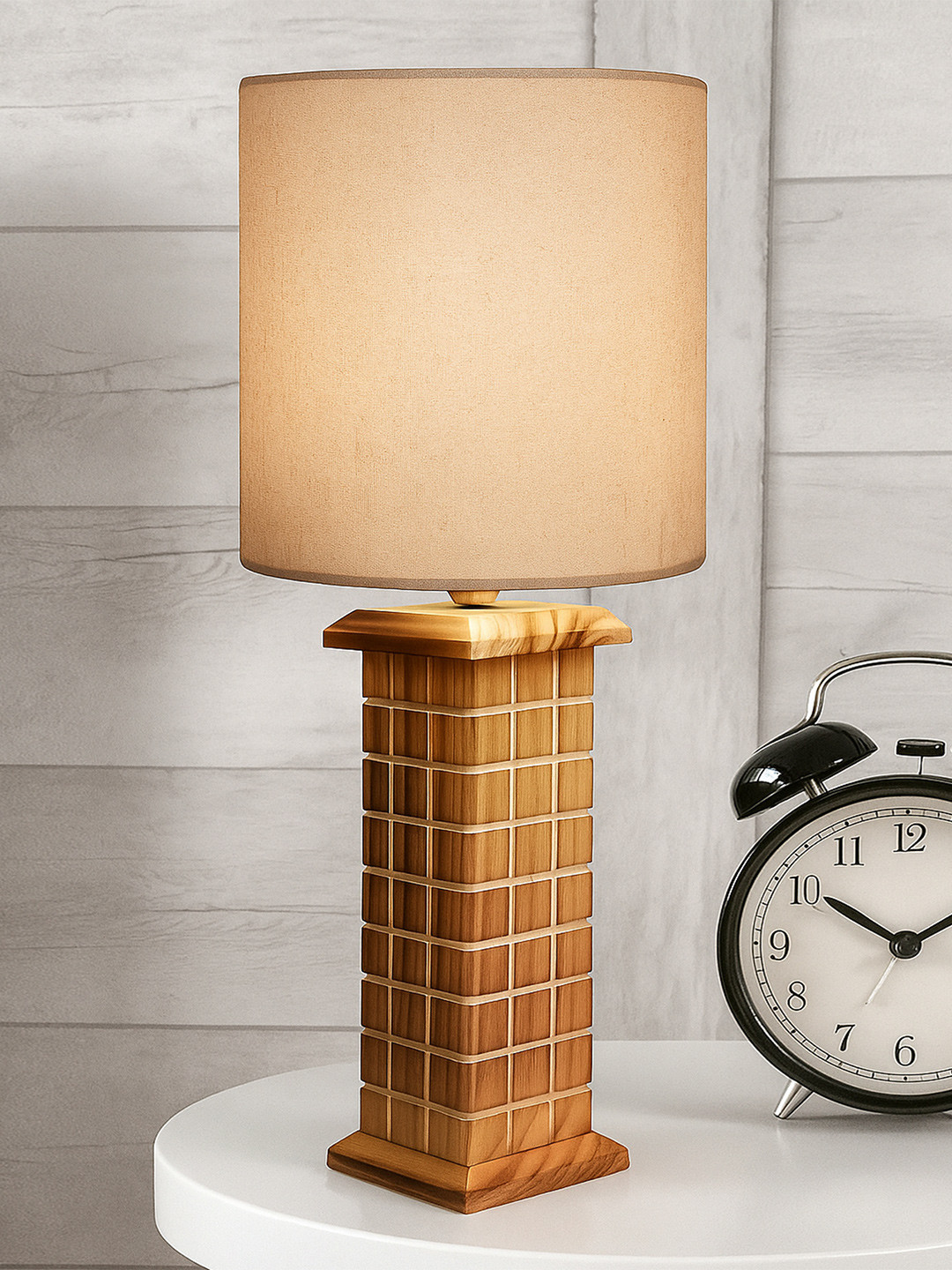 Homesake Off White Textured Wood Cylindrical Shaped Table Lamp With Bulb And Shade