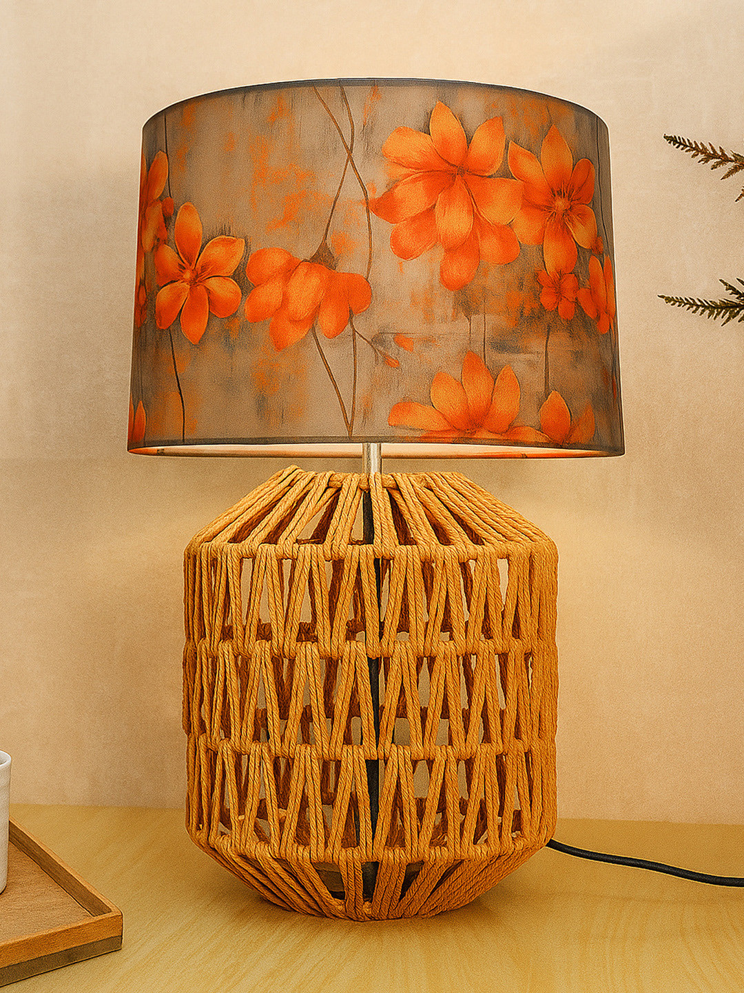 Homesake Grey Floral Printed Cylindrical Shaped Metal Table Lamp with Bulb