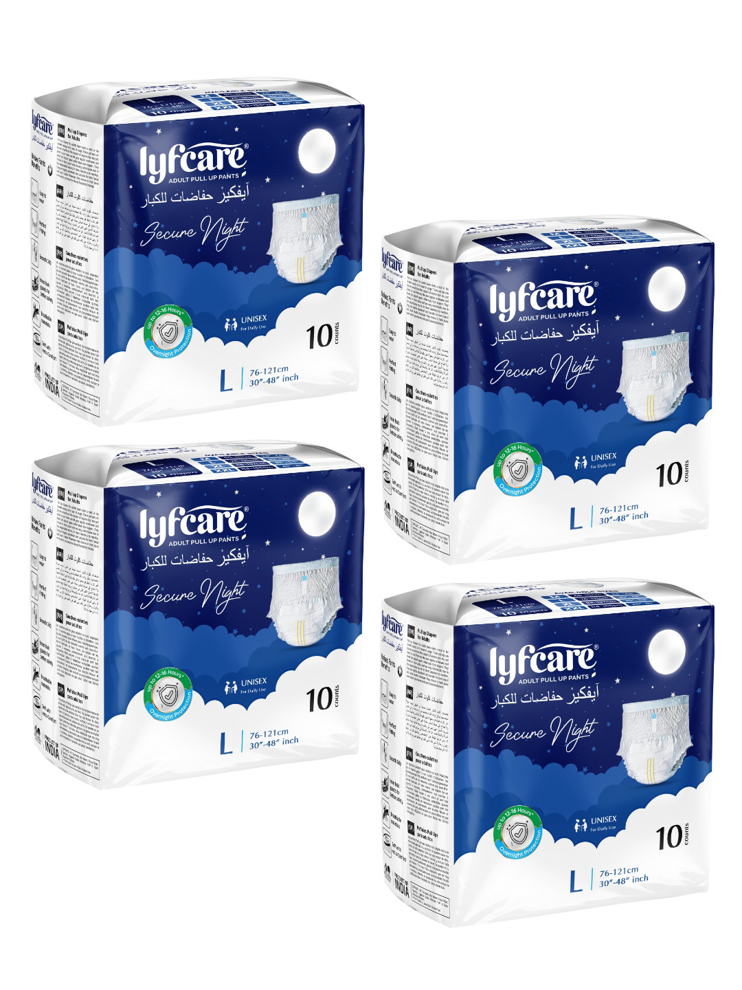 Lyfcare Unisex Set Of 4 Secure Night Adult Pull Up Diaper Pants - L 10Pcs Each