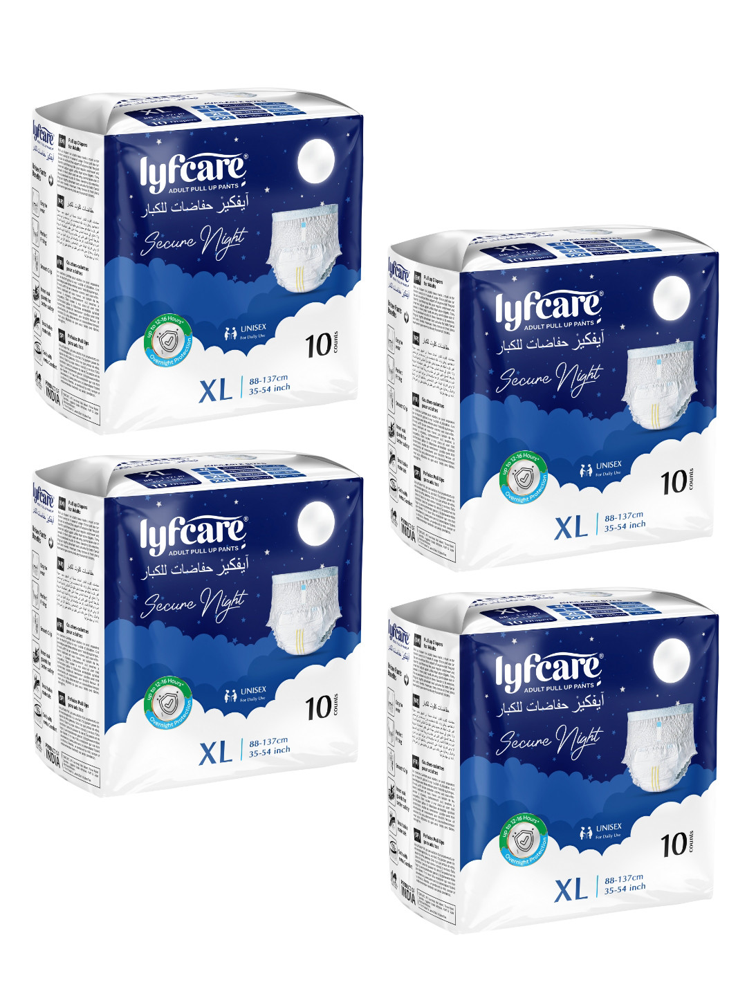 Lyfcare Set Of 4 Secure Night Adult Pull Up Diaper Pants - XL - 10 Pieces Each