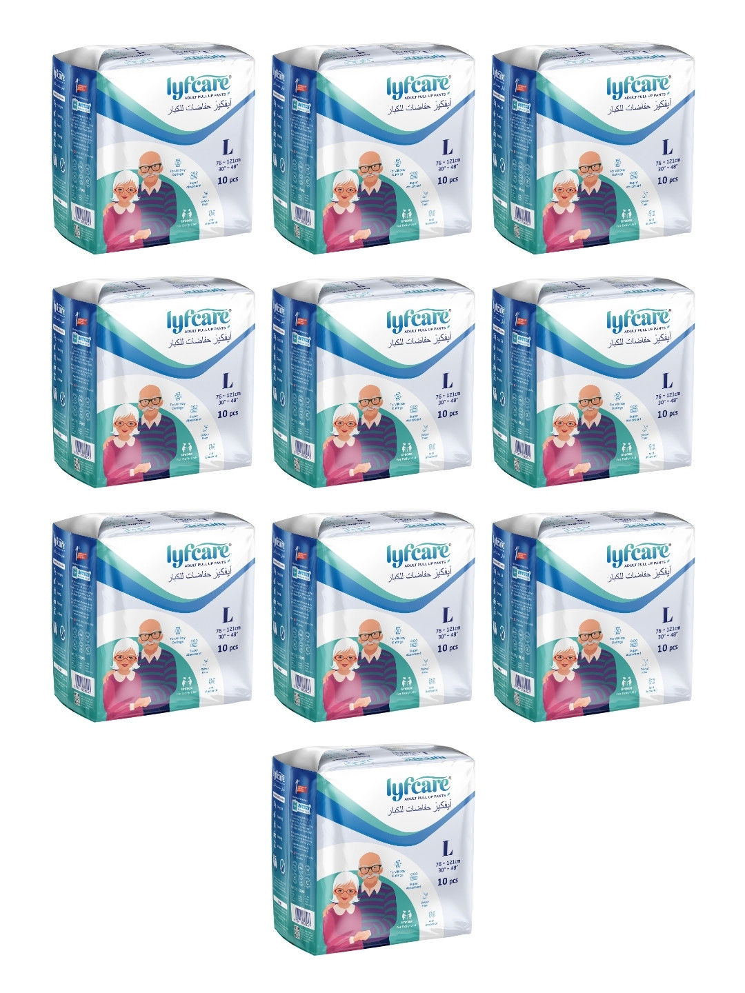 Lyfcare Set Of 10 Adult Pull Up Diaper Pants - L - 10 Pieces Each