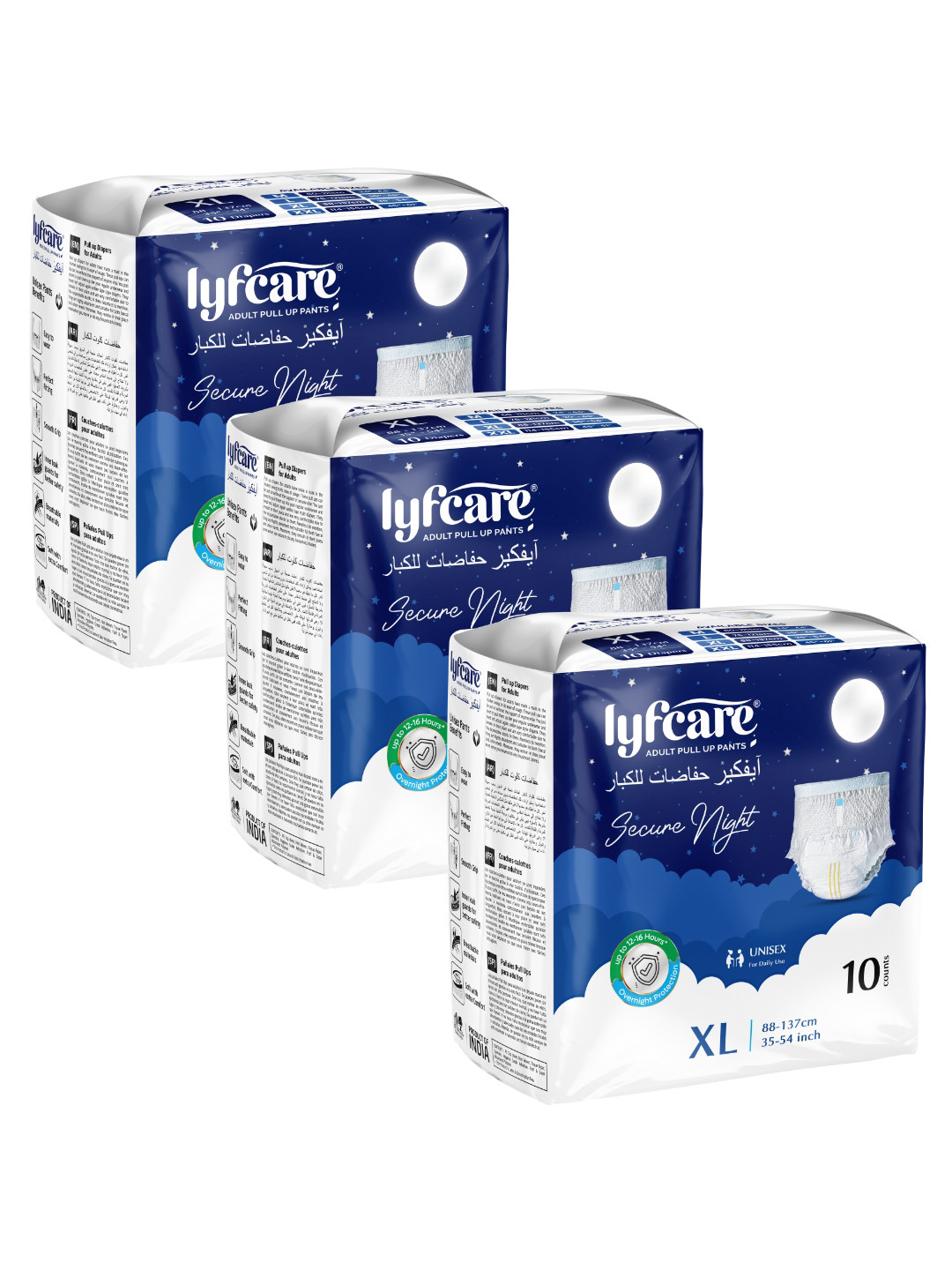 Lyfcare Unisex Set Of 3 Secure Night Adult Pull Up Diaper Pants - XL - 10Pcs Each